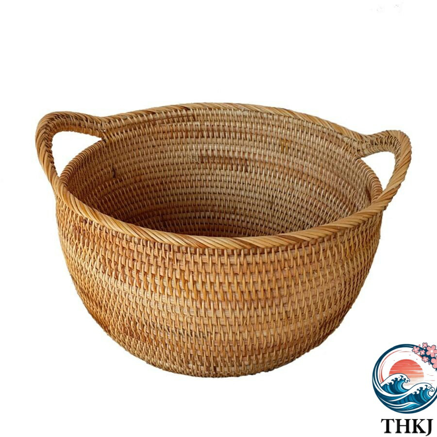 かご ラタン製 藤かご オシャレ フルーツかご ナチュラル 取っ手付き 手工芸品 円型 収納バスケット 家庭 ホテル 雑貨屋