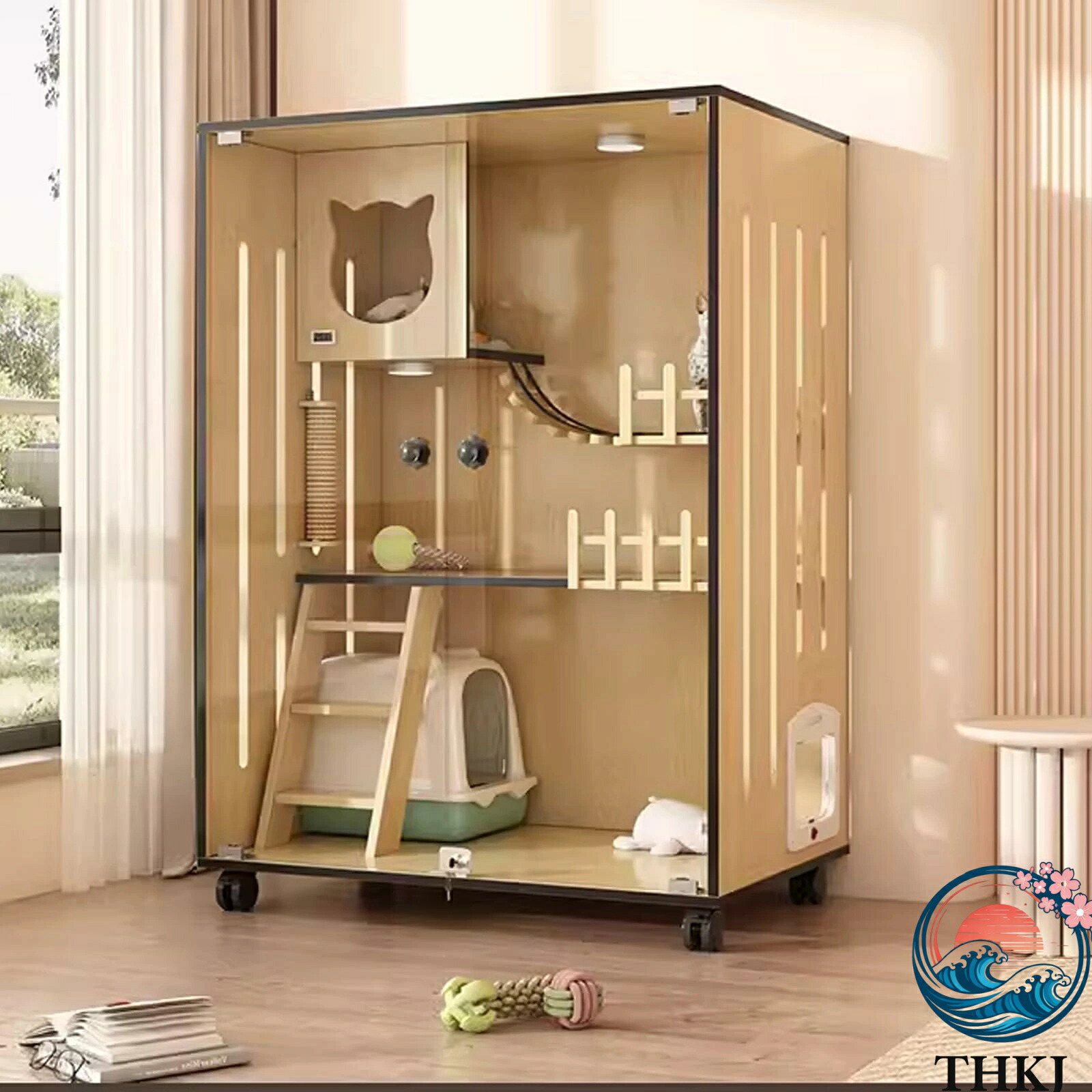 猫 ケージ、猫用ケージ、猫 ケージ 大型、木製多機能キャットハウス、猫用コンドミニアム、キャスター付き、木製、透明ドア 、ペット展示ケース大型、キャットケージ、屋外および屋内猫用