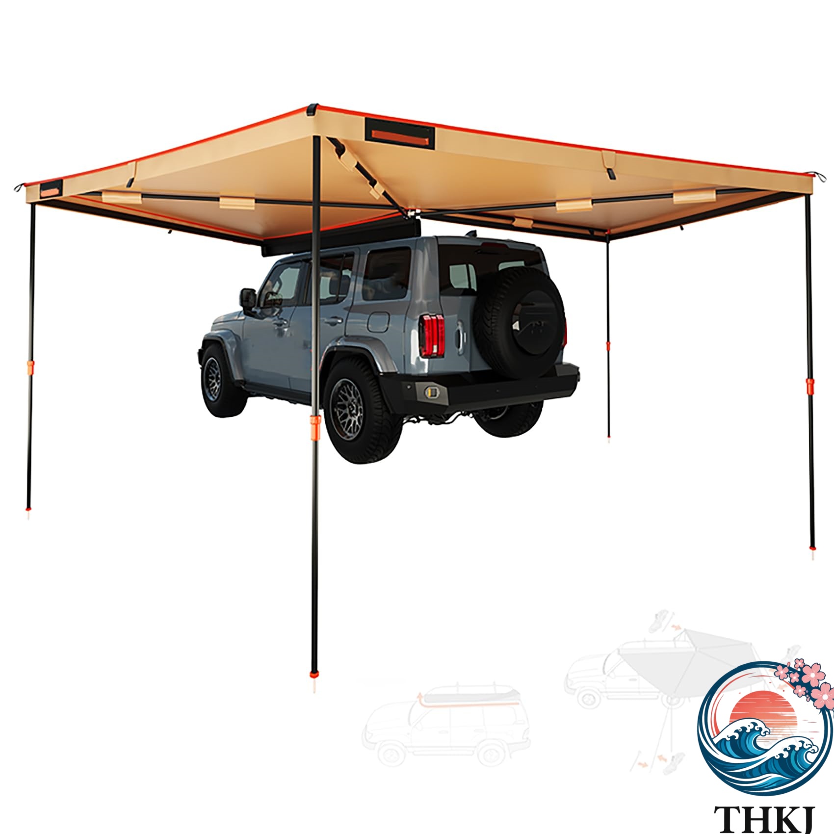 カーサイドオーニング カーサイドタープ 270°扇形展開 10人用 大型サイドオーニング 270*270*220cm 防水 UV99%カット 日焼け防止 耐風設計 車用テント キャンプ 車中泊 ワンタッチ クイック展開 収納袋付属