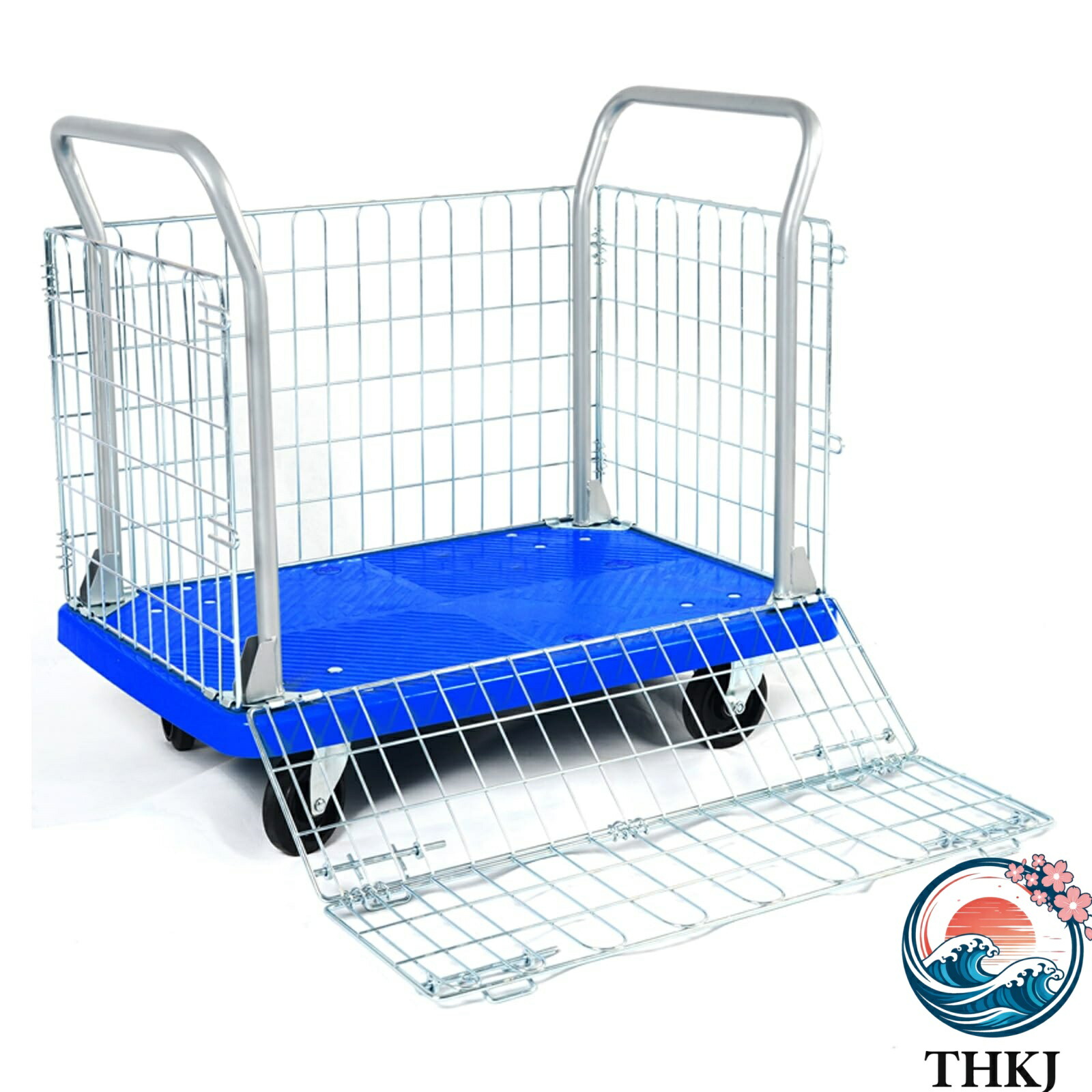 ケージ付きプラットフォームトラックカート 多目的ヘビーデューティースチールフラットベッドカート THKJ 容量 300kg 6 インチ回転ブレーキキャスター付き