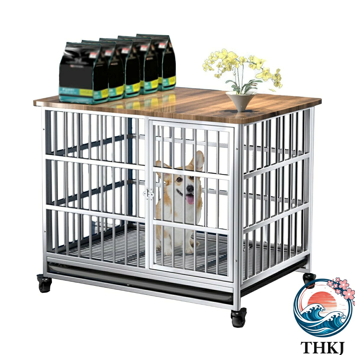 ペットケージ 木製 犬小屋 ステンレス鋼 犬用ケージ 屋根付き 小型犬 中型犬 大型 キャスター付き トレー付き ペットサークル ウッディサークル 頑丈 角パイプ 錆防止 組み立て 室内 おしゃれ ドッグケージ お手入れ簡単 Lサイズ
