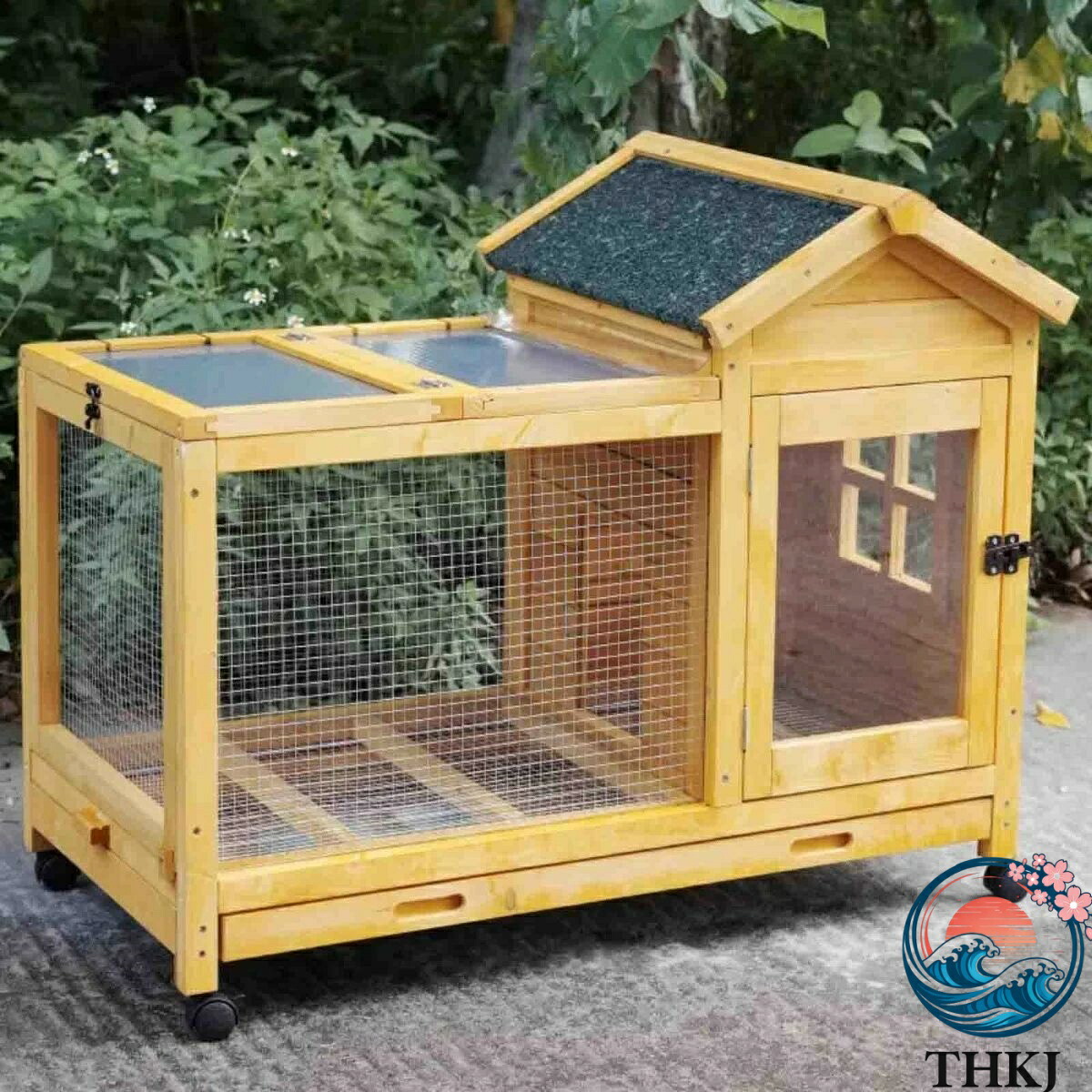 ウサギ ケージ 鶏小屋 屋外 屋外用ウサギ小屋防水屋根、キャスターと引き出しトレイ付き木製ウサギハウス、小型から中型動物用