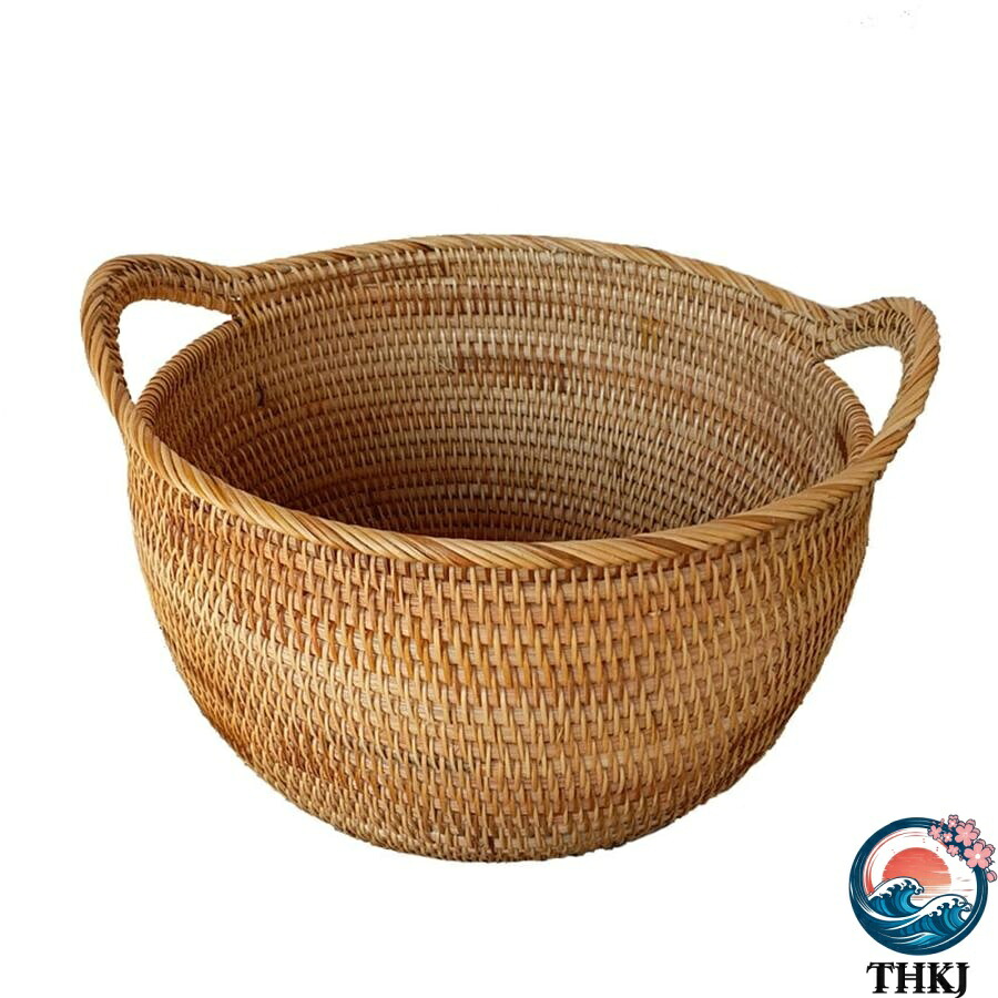 かご ラタン製 藤かご オシャレ フルーツかご ナチュラル 取っ手付き 手工芸品 円型 収納バスケット 家庭 ホテル 雑貨屋