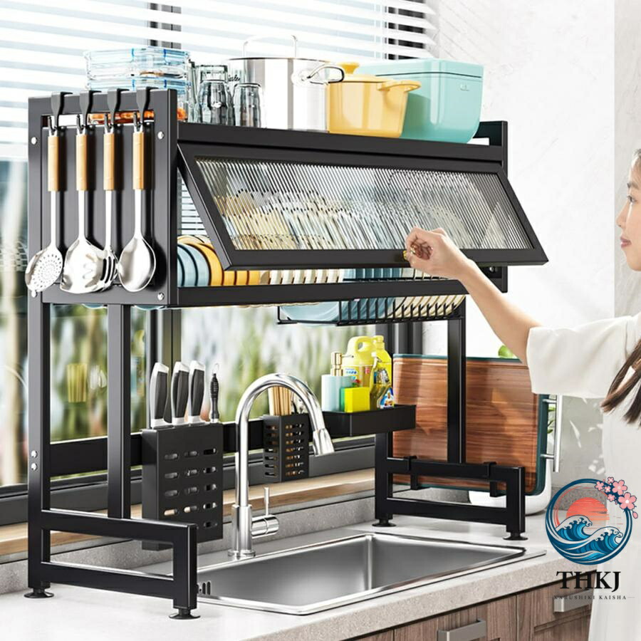 シンク上 食器 水切りラック 水切りかご 台所用品ホルダ キッチン収納棚 THKJ 防塵キャビネット扉付き 大容量 ディッシュラック 食器乾燥 省ス 時短 便利