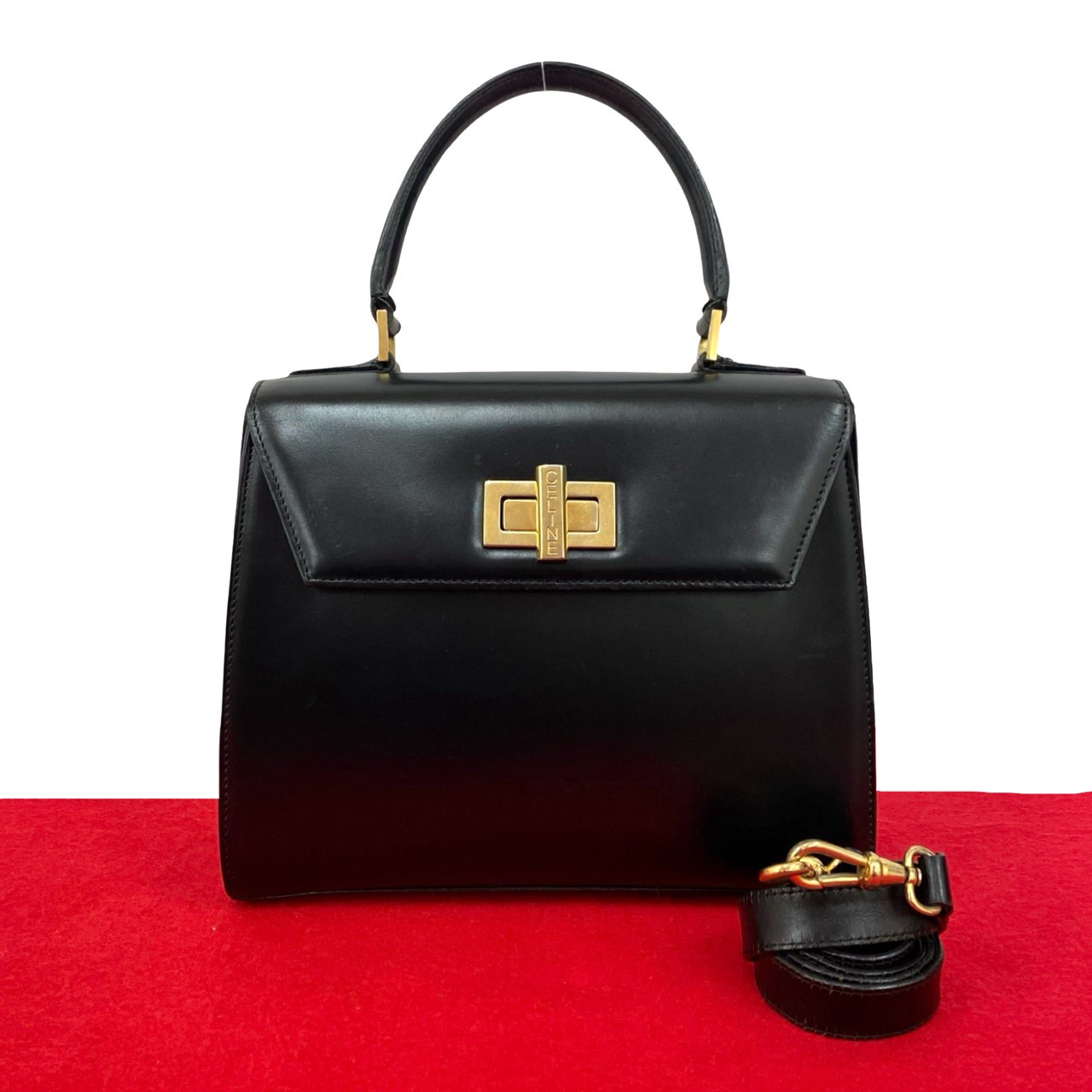 【尖んがり2倍】美品 CELINE セリーヌ ヴィンテージ ロゴタイプ 曲がること鍵を掛ける 金具 子ウシ なめし革 本革 2way ハンドバック ショルダーバッグ 黒いこと 17100 【貨物輸送無料】【中古】