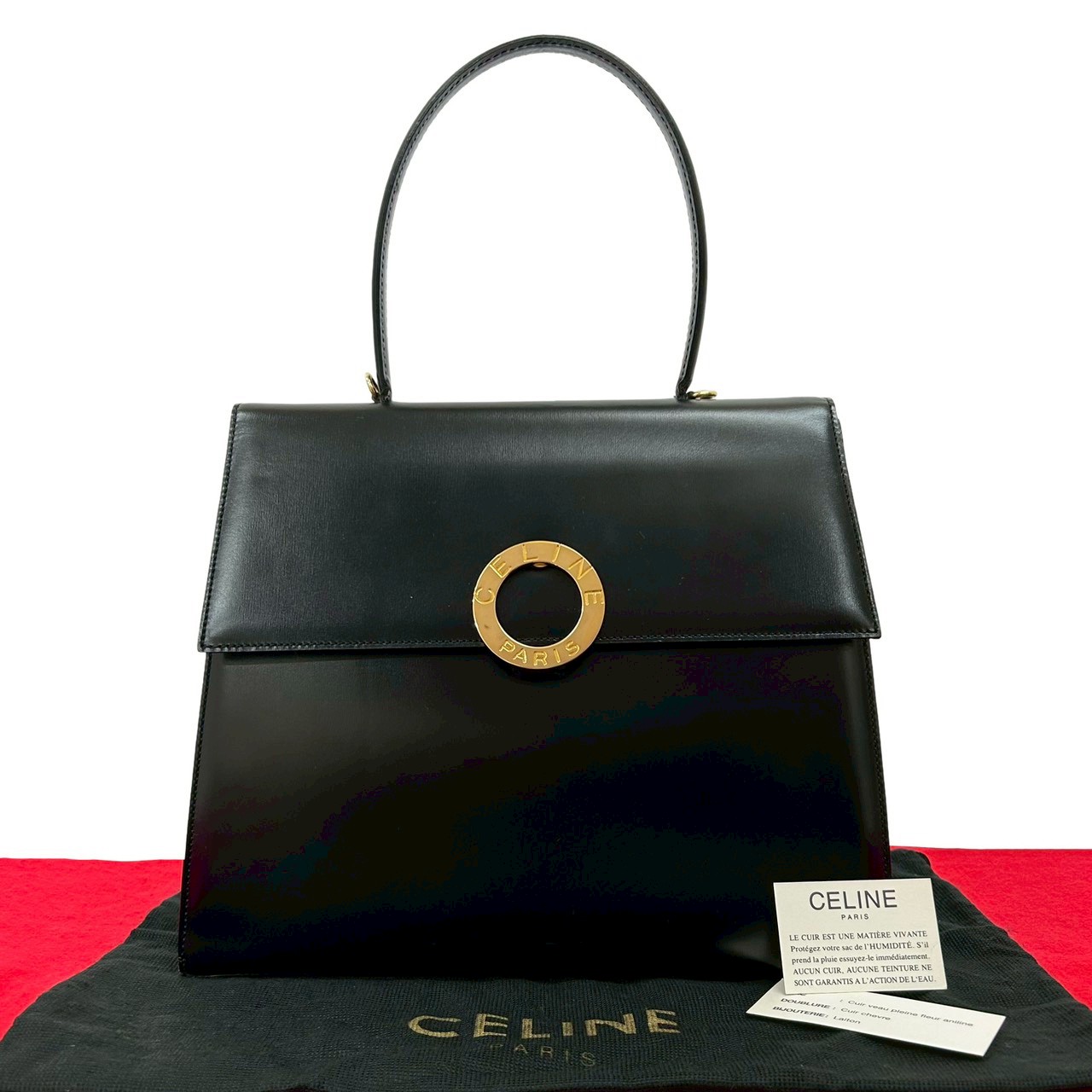 【ポイント2倍】極 美品 袋付き CELINE セリーヌ ヴィンテージ サークルロゴ 金具 カーフ レザー 本革 ハンドバッグ ミニ トートバッグ ブラック 25542【送料無料】【中古】