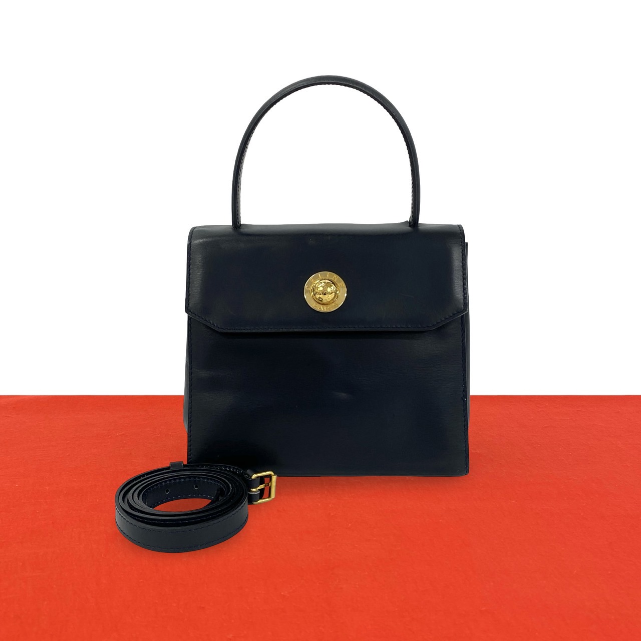 【尖んがり2倍】極 美品 CELINE セリーヌ ヴィンテージ はやりっ児どんぶり鉢 ロゴタイプ なめし革 本革 2way ハンドバック ミニ ショルダーバッグ 黒いこと 赤張り 51431 【貨物輸送無料】【中古】