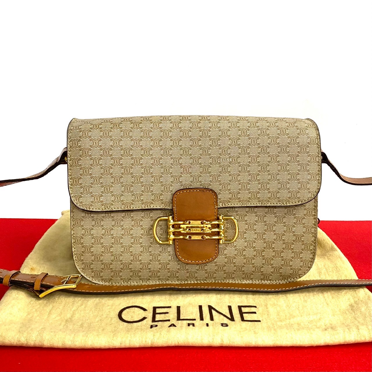極 美品 セリーヌ マカダム ブラゾン ロゴ レザー ショルダーバッグ ブラウン CELINE 極 美品 セリーヌ ヴィンテージ マカダム ブラゾン 柄