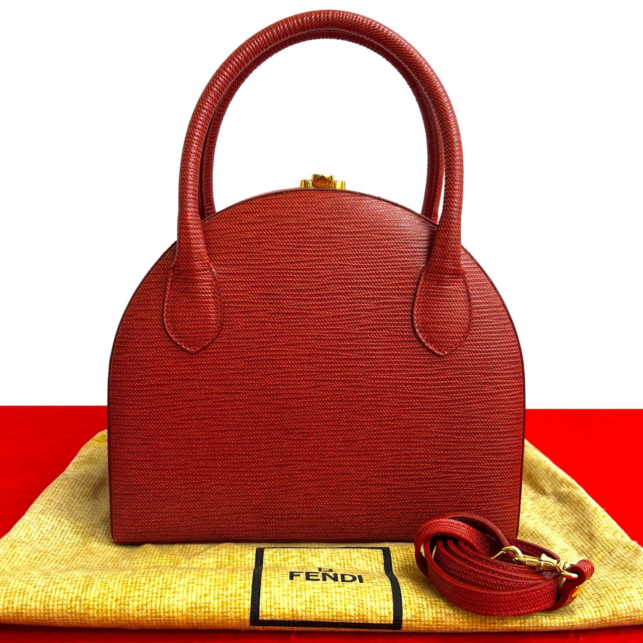 【尖んがり2倍】ほぼ未当て嵌める 滅多に無い品 保護すること袋付 FENDI フェンディ なめし革 2way ショルダーバッグ ハンドバック ミニ トートバッグ 赤いこと 赤 19229【貨物輸送無料】【中古】