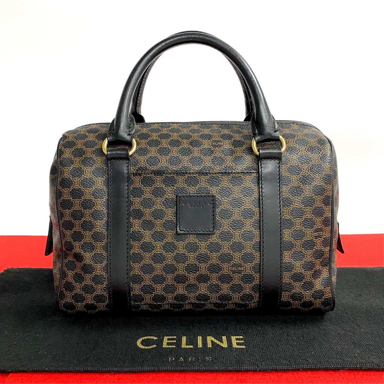 ほぼ未使用 セリーヌ マカダム ブラゾン 柄 レザー ミニ ボストンバッグ 黒 CELINE ほぼ未使用 セリーヌ ヴィンテージ マカダム ブラゾン 柄