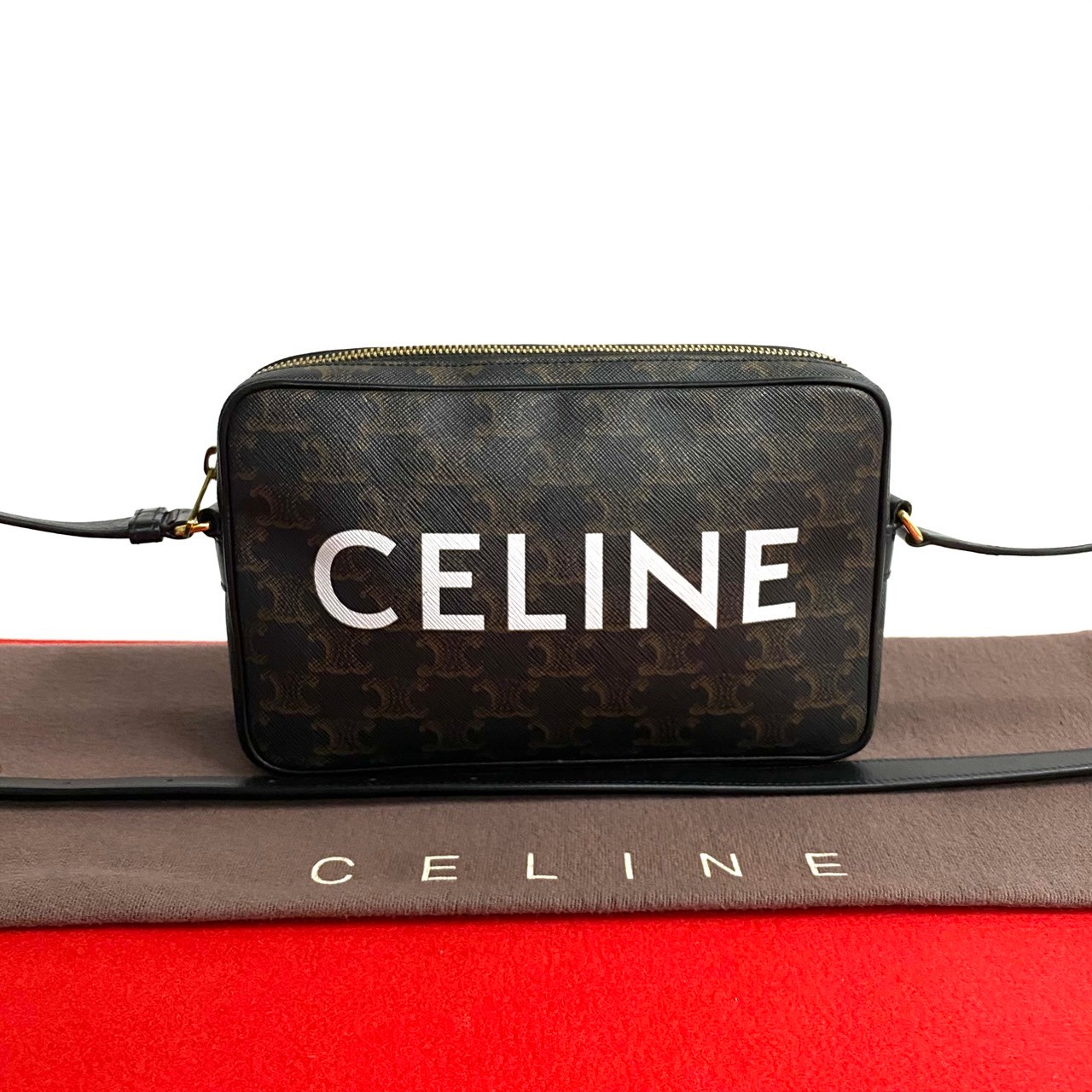 【ポイント2倍】極 美品 希少品 CELINE セリーヌ トリオンフ メッセンジャー ミディアム レザー ミニ ショルダーバッグ ポシェット ブラック 33540【送料無料】【中古】｜Trip Vintage