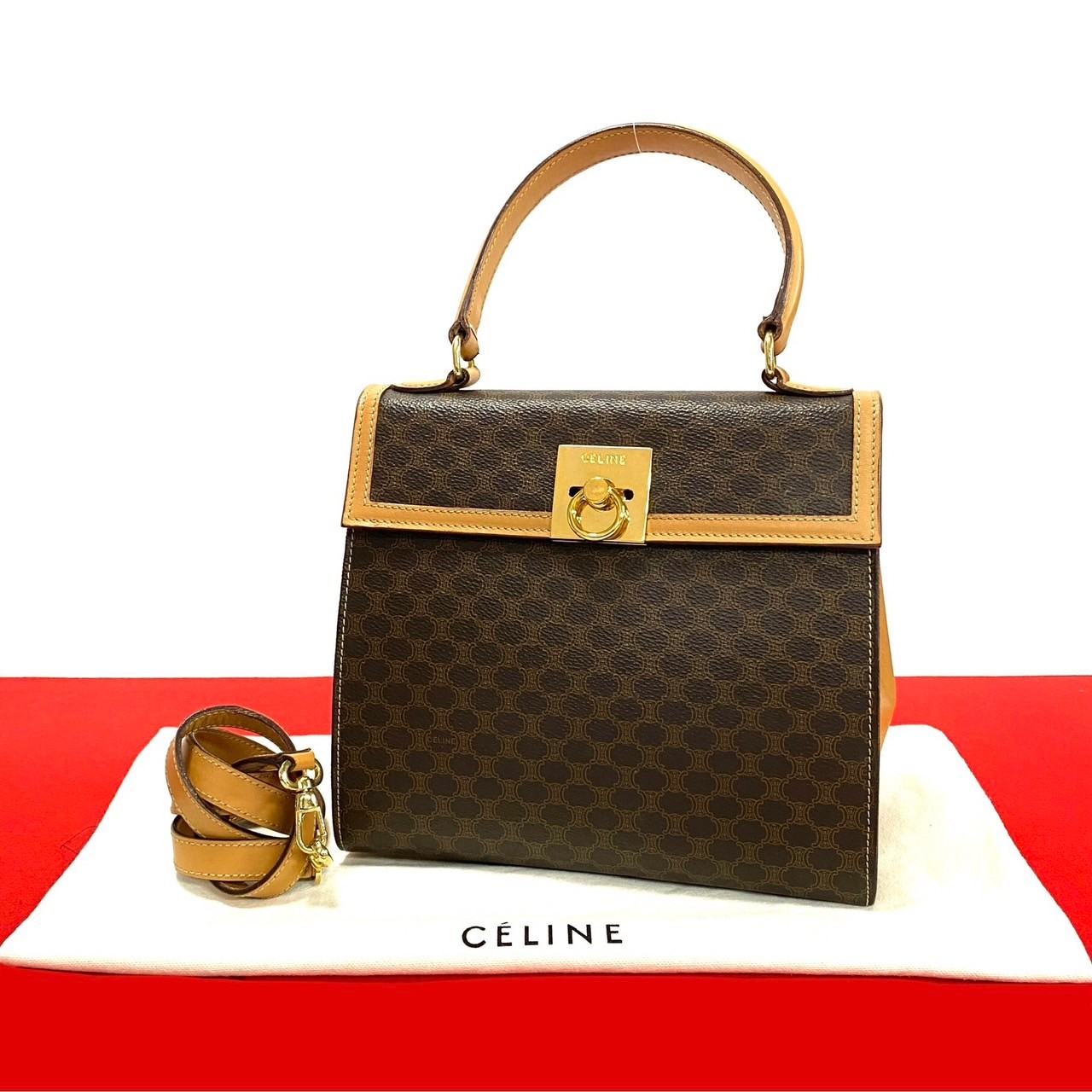 【尖んがり2倍】極 美品 袋付き添い人 CELINE セリーヌ マカダム ブラゾン トリオンフ 柄 ロゴタイプ 輪っか金具 なめし革 2way ハンドバック ショルダーバッグ 茶 43031【貨物輸送無料】【中古】