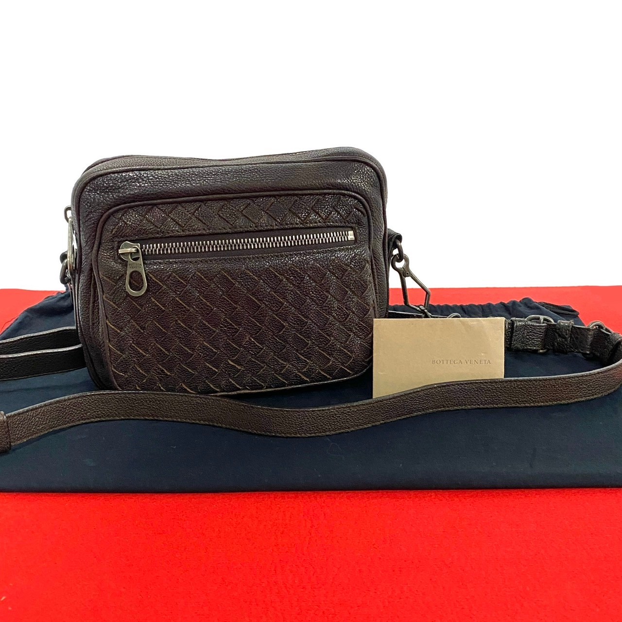 【ポイント2倍】極 美品 BOTTEGA VENETA ボッテガヴェネタ イントレチャート レザー 本革 ミニ ショルダーバッグ ポシェット ダークブラウン 98698【送料無料】【中古】