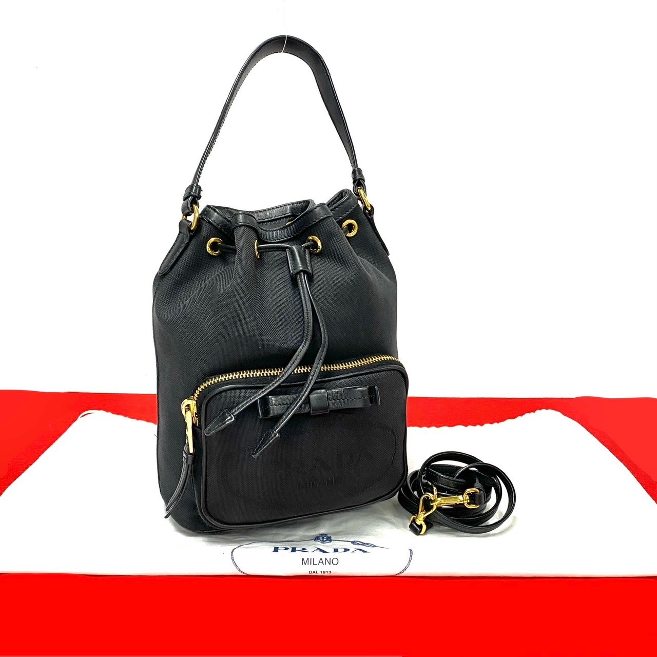 【ポイント2倍】極 美品 希少品 PRADA プラダ デュエット ロゴ レザー 本革 キャンバス 2way ミニ ショルダーバッグ ハンドバッグ ブラック 34909【送料無料】【中古】