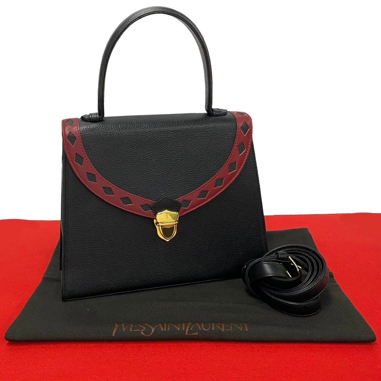 【尖んがり2倍】ほぼ未当てはめる YVES SAINT LAURENT 前日 サンローラン YSL カットアウト パンチング なめし革 2way ハンドバック ショルダーバッグ 黒 44124【貨物輸送無料】【中古】