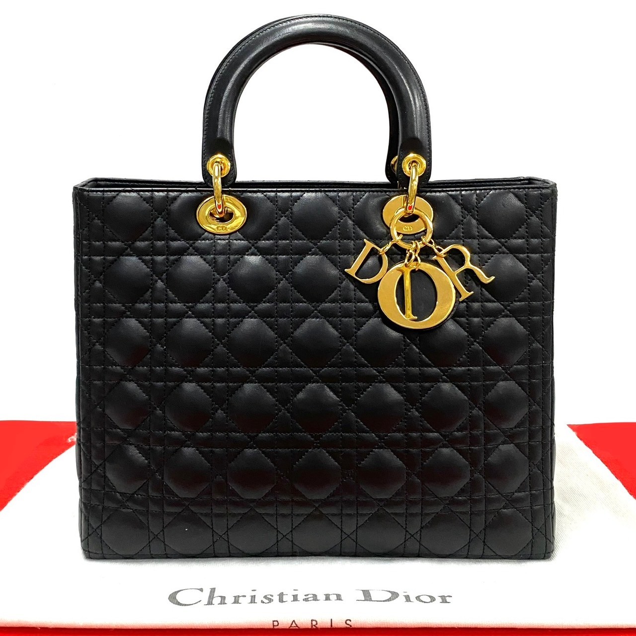 【尖んがり2倍】極 美品 Christian Dior クリスチャンディオール レディディオール カナージュ 編み目 なめし革 本革 ハンドバック ミニ トートバッグ 黒いこと 41558【貨物輸送無料】【中古】