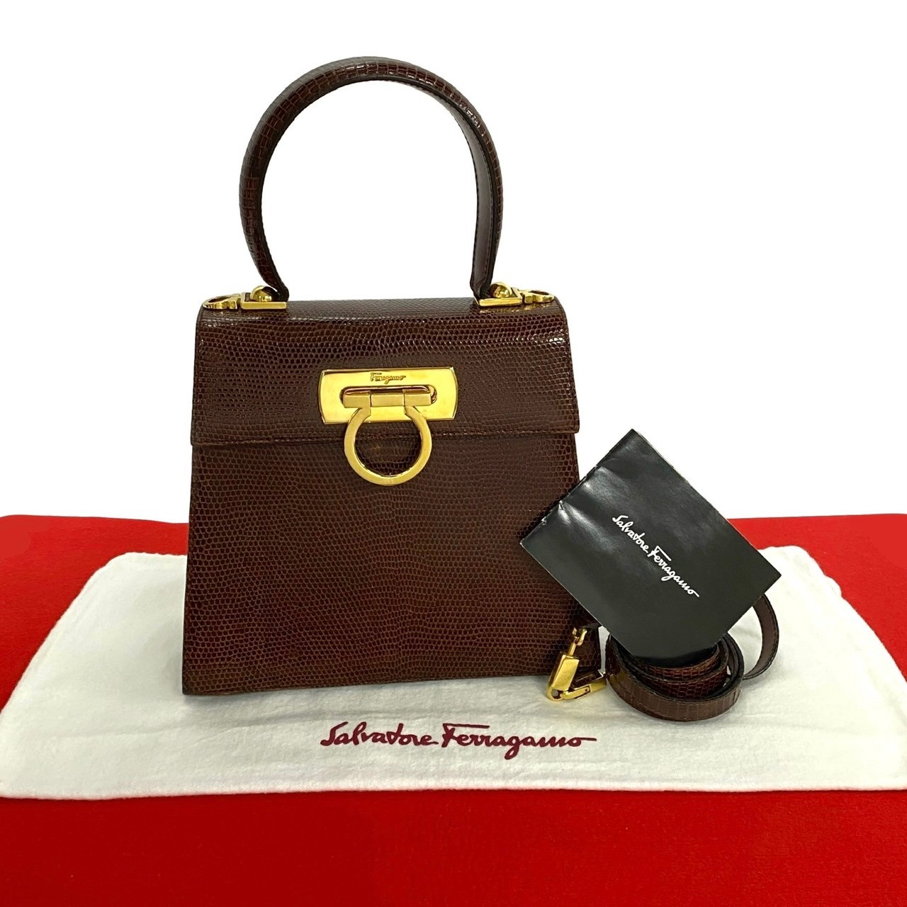 【ポイント2倍】極 美品 Salvatore Ferragamo サルヴァトーレフェラガモ ガンチーニ ロゴ リザード レザー 2way ショルダーバッグ ハンドバック 茶 47372【送料無料】【中古】