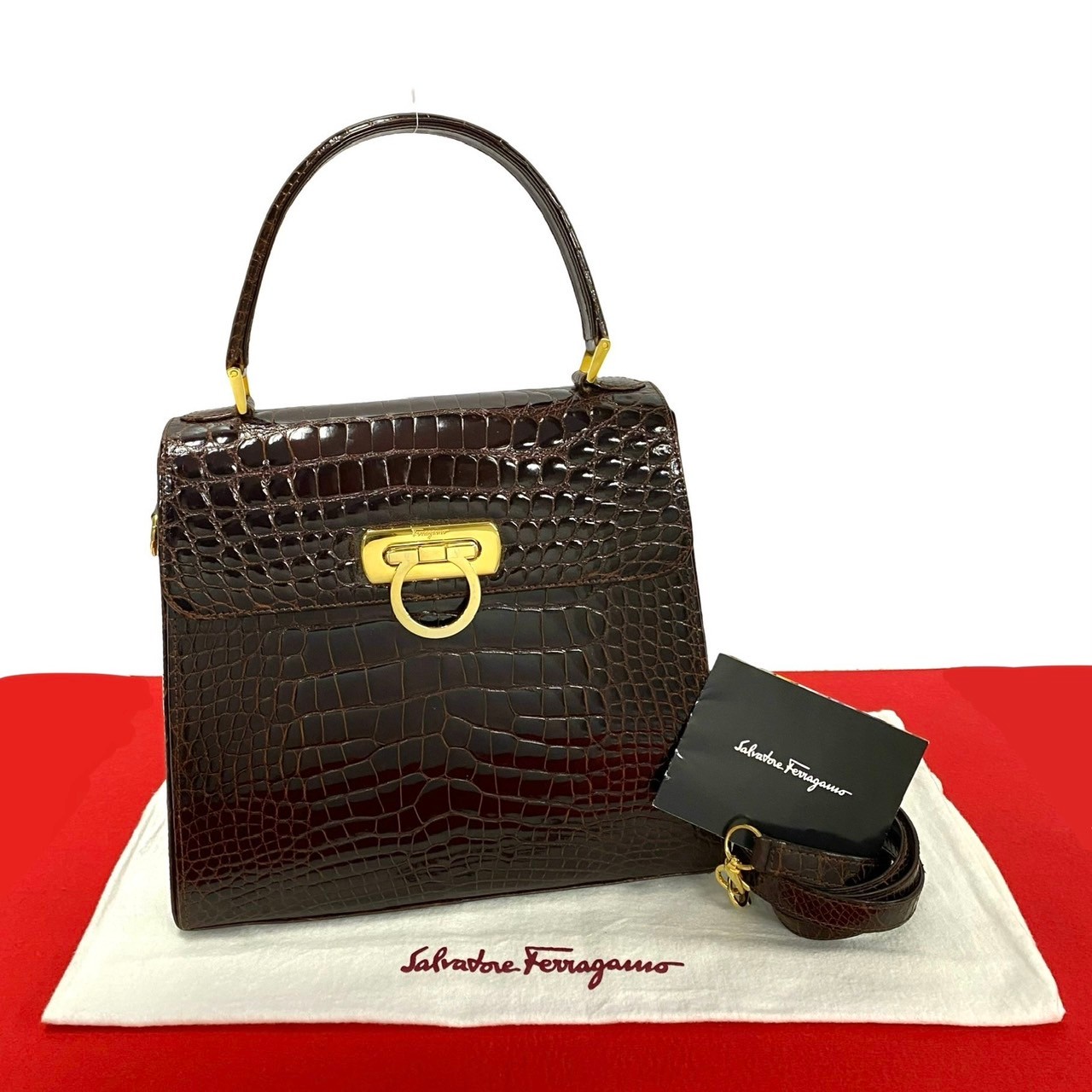 【尖んがり2倍】ほぼ未当て嵌める Salvatore Ferragamo サルヴァトーレフェラガモ ガンチーニ クロコ なめし革 2way ショルダーバッグ ハンドバック 赤銅色 i29-5【貨物輸送無料】【中古】