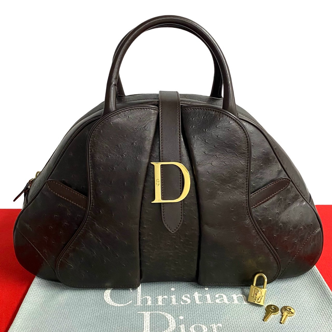 【ポイント2倍】極 美品 鍵付き Christian Dior ディオール CD ロゴ 金具 オーストリッチ レザー 本革 ハンドバッグ ミニ ボストンバッグ ブラウン 22903【送料無料】【中古】