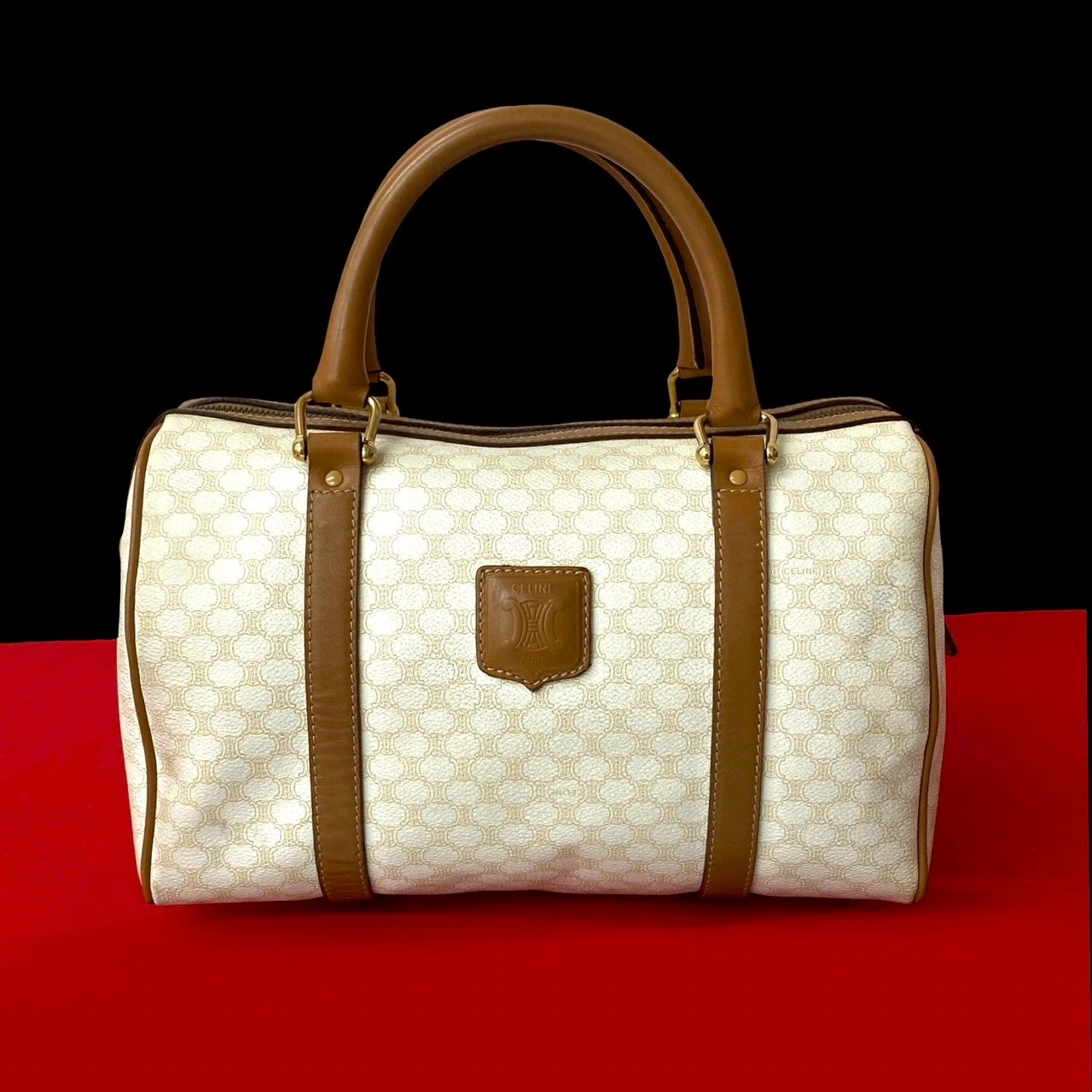 【ポイント2倍】極 美品 CELINE セリーヌ ヴィンテージ マカダム ブラゾン トリオンフ 柄 レザー ハンドバッグ ミニ ボストンバッグ ホワイト 19249【送料無料】【中古】