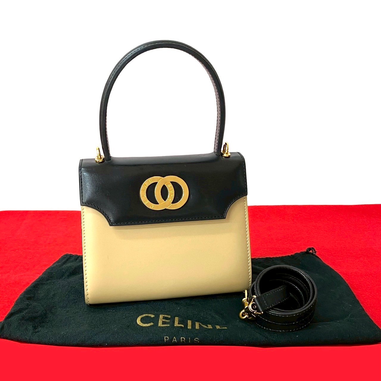 【尖んがり2倍】極 美品 袋付き添い人 CELINE セリーヌ 倶楽部ロゴタイプ 金具 子ウシ なめし革 本革 2way ハンドバック ショルダーバッグ 黒いこと ベージュ 32523【貨物輸送無料】【中古】