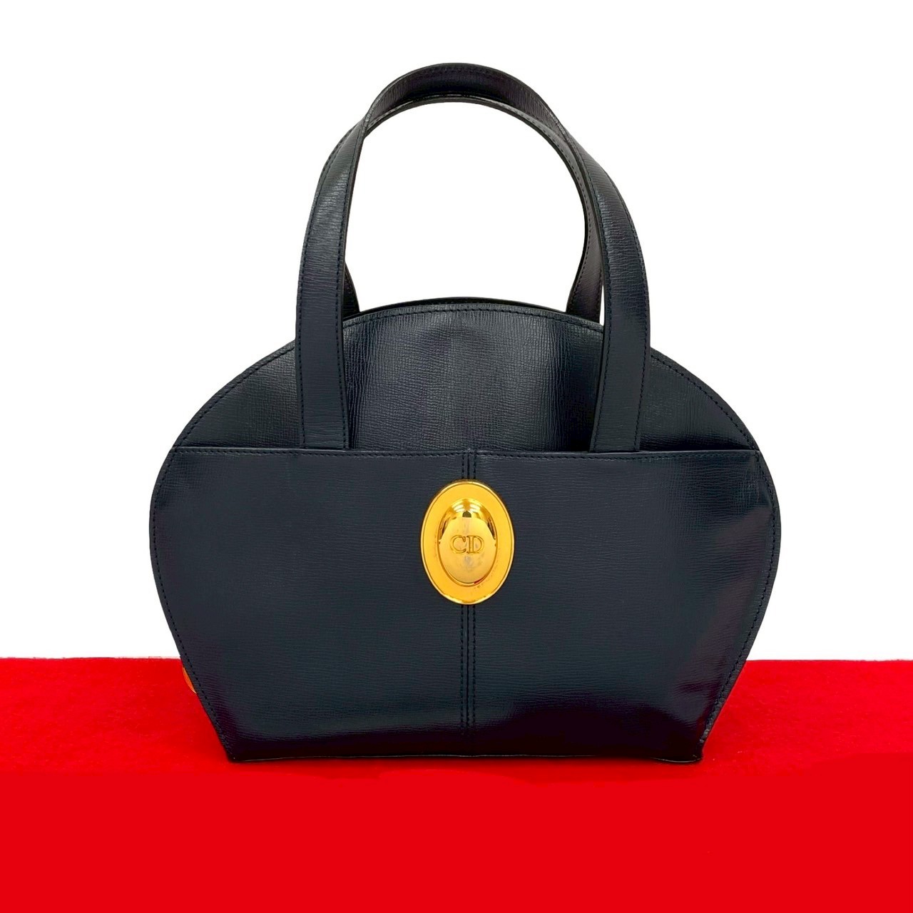 【ポイント2倍】極 美品 Christian Dior クリスチャンディオール CD ロゴ 金具 レザー 本革 ハンドバッグ ボストンバッグ トートバッグ ネイビー 31989【送料無料】【中古】