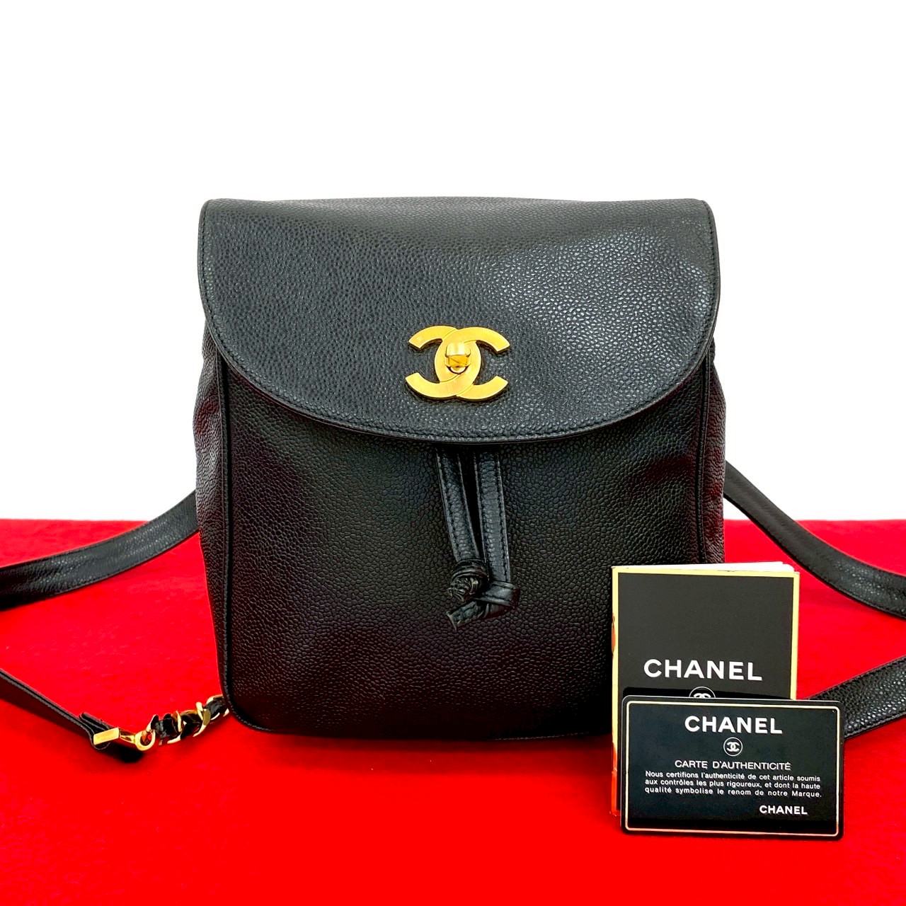 【ポイント2倍】極 美品 カード シール有 3番台 CHANEL シャネル ココマーク キャビアスキン レザー 本革 チェーン ミニ リュックサック ブラック 728-4【送料無料】【中古】