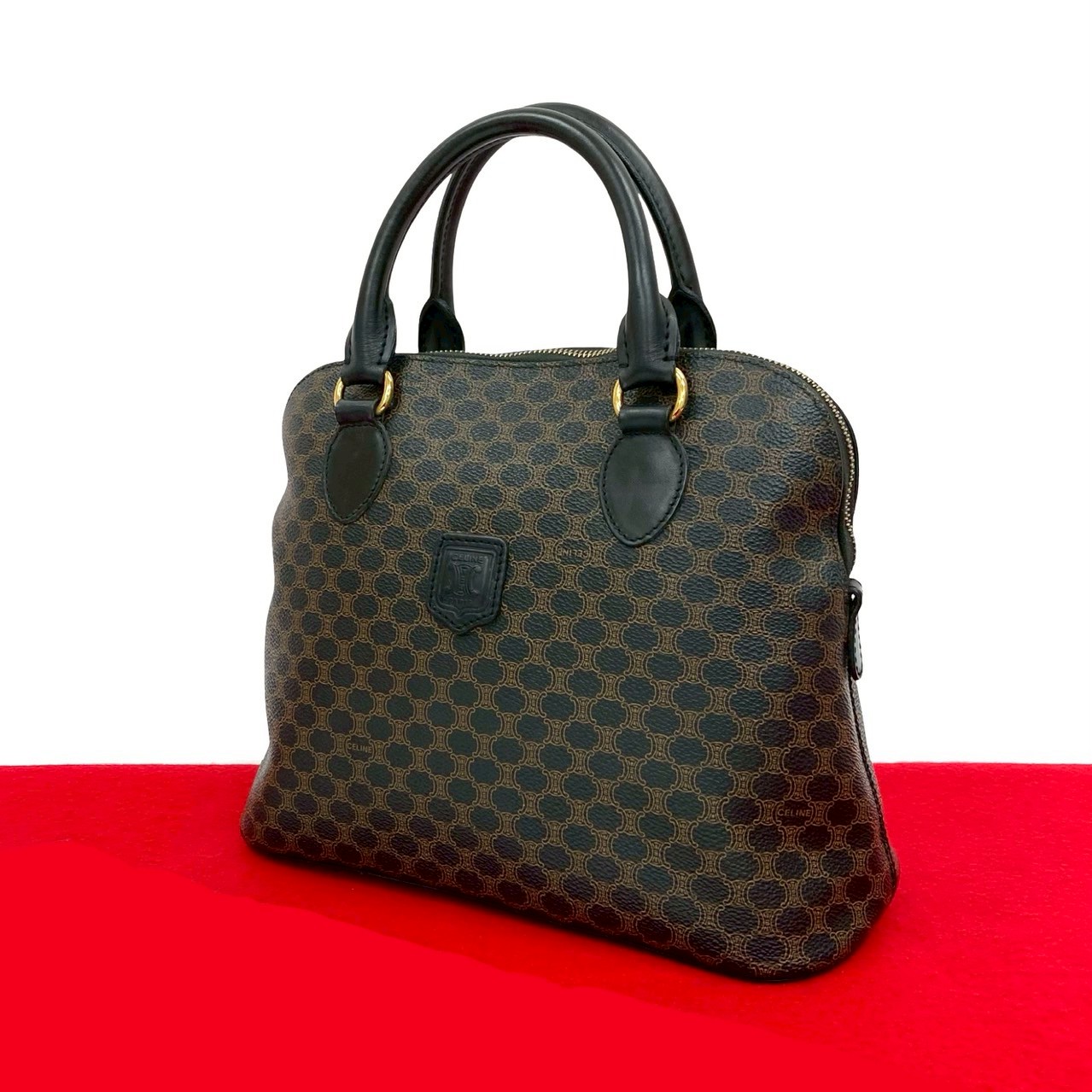 【ポイント2倍】極 美品 CELINE セリーヌ ヴィンテージ マカダム ブラゾン 柄 ロゴ レザー 本革 ハンドバッグ ボストンバッグ ブラック ブラウン 018-4【送料無料】【中古】