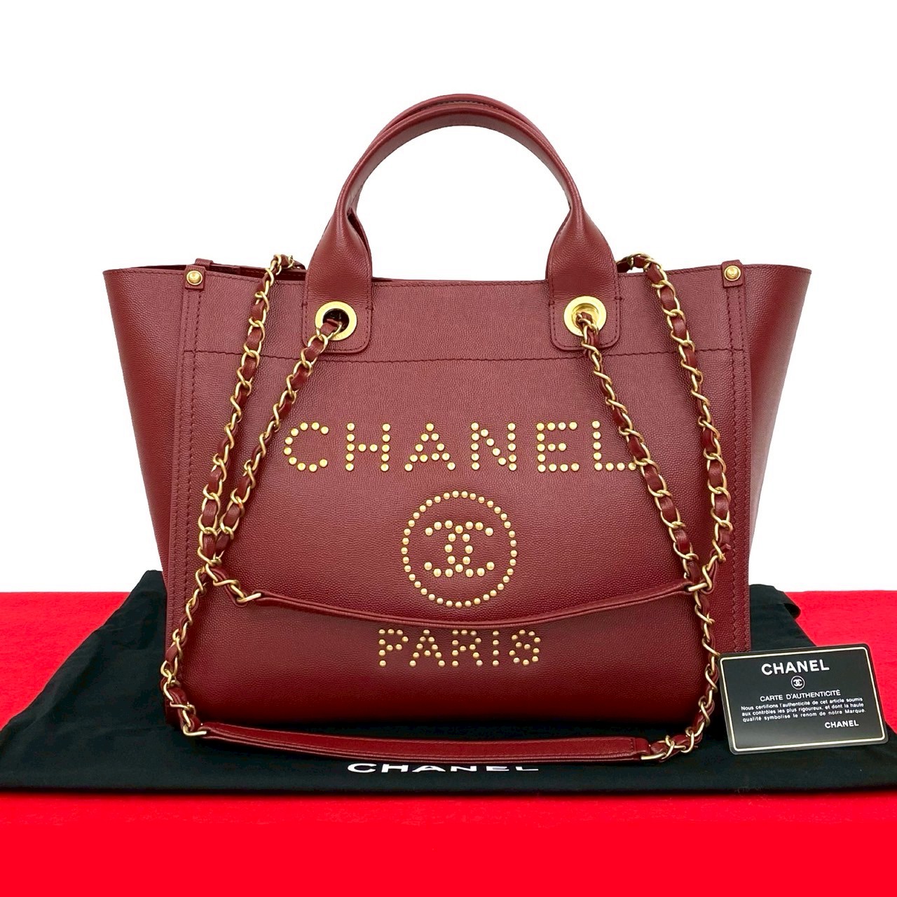 【尖んがり2倍】極 美品 袋 歌留多 消印有 26番台 CHANEL シャネル ドーヴィル キャビアひと肌 2way ハンドバック 虚蝉 ショルダーバッグ 赤いこと 14577【貨物輸送無料】【中古】
