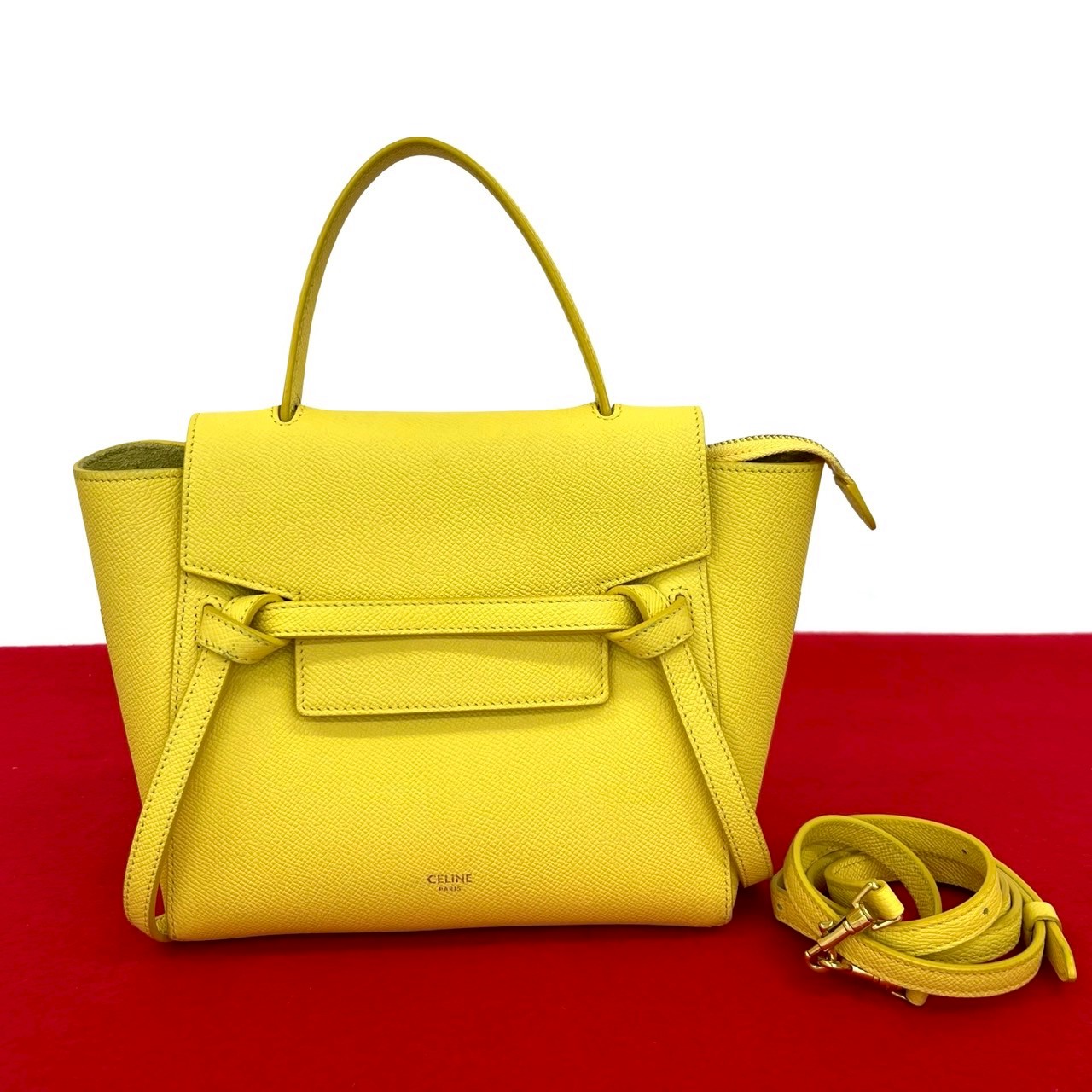 【尖んがり2倍】極 美品 CELINE セリーヌ 胴締め御徒面子 ナノ なめし革 本革 2way ハンドバック ミニ トートバッグ ショルダーバッグ 黄色 371-8【貨物輸送無料】【中古】