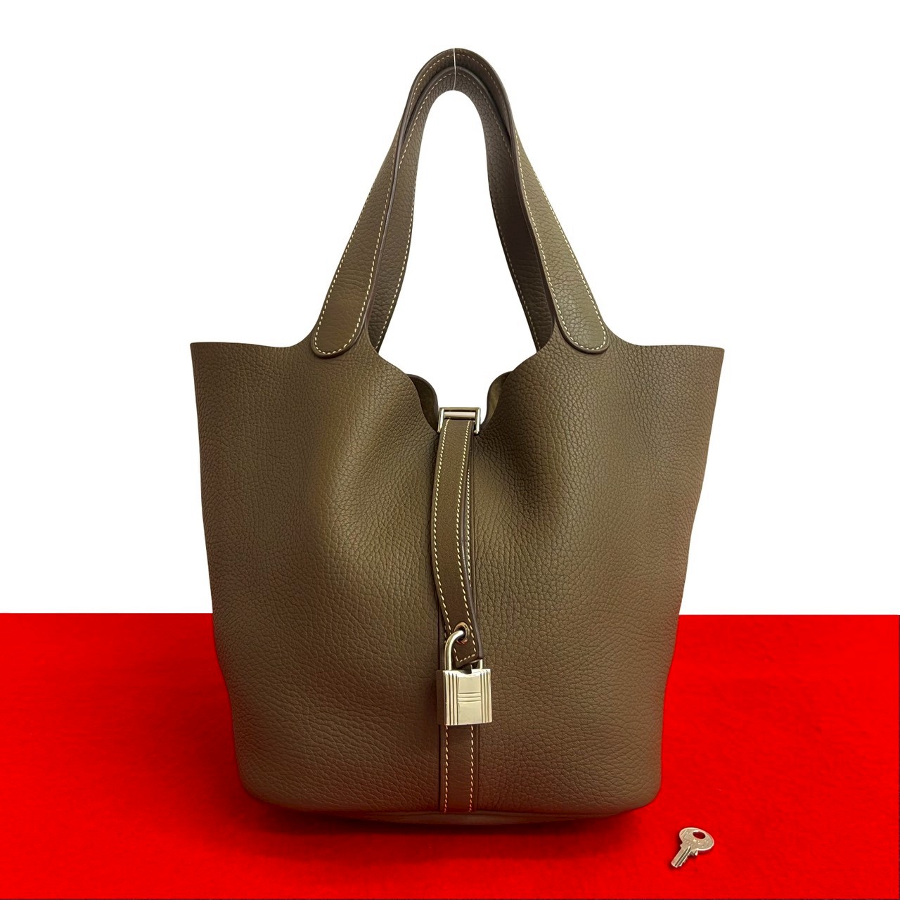 【ポイント2倍】極 美品 鍵付 X 刻印 HERMES エルメス ピコタンロックMM トリヨンクレマンス エトゥープ レザー ハンドバッグ ミニ トートバッグ 42782【送料無料】【中古】