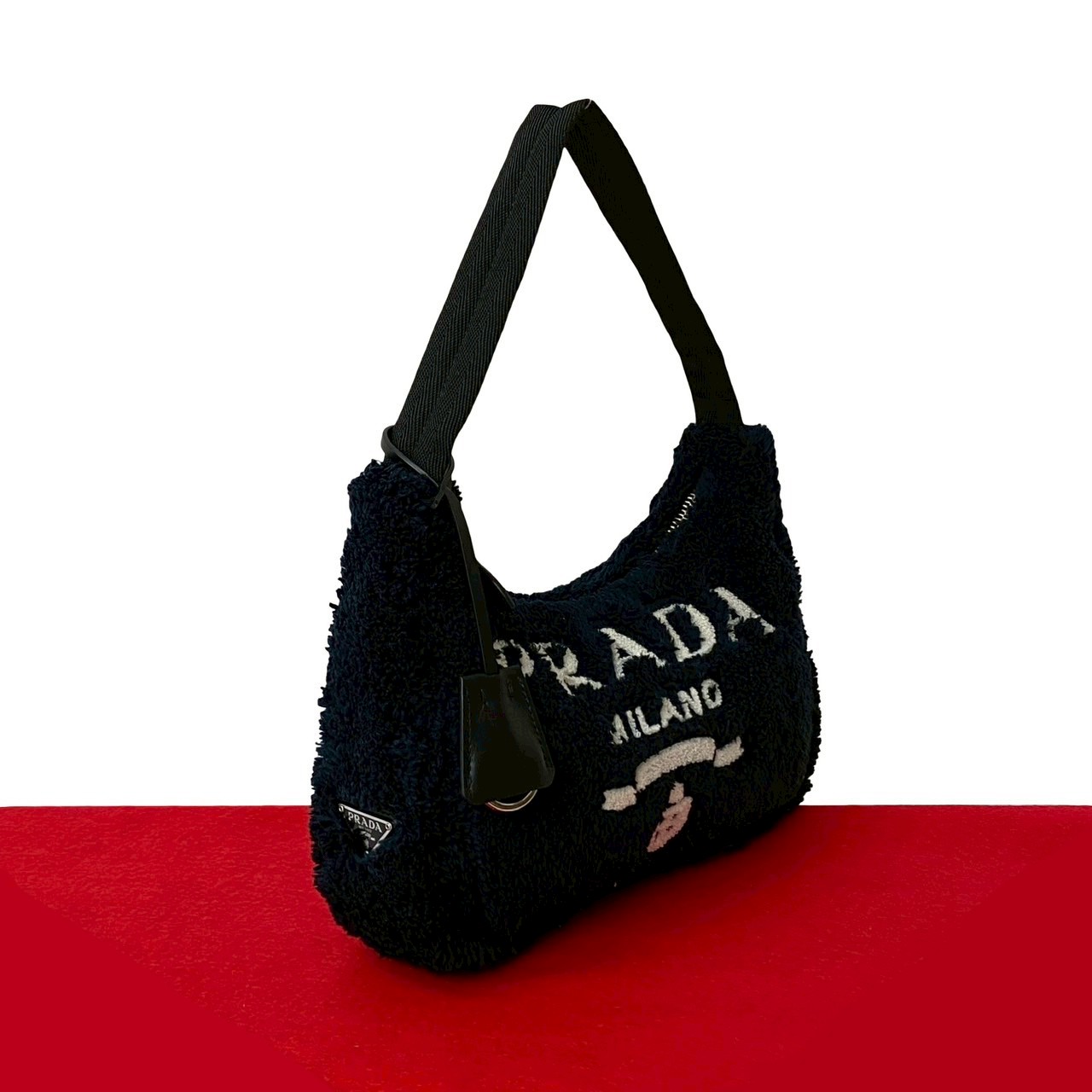 【ポイント2倍】極 美品 PRADA プラダ テリー ミニ Re-Edition 三角ロゴ 金具 パイル ミニ ハンドバッグ ワンショルダーバッグ ポーチ ブラック 65044【送料無料】【中古】