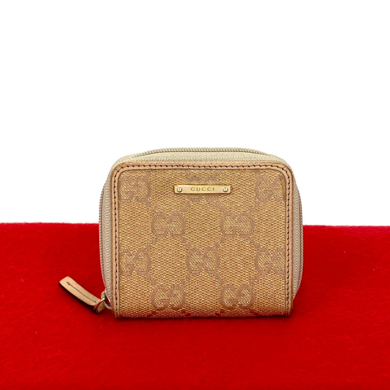 【ポイント2倍】極 美品 希少品 GUCCI グッチ GG 柄 ロゴ 金具 キャンバス レザー 本革 ラウンドジップ コインケース 小銭入れ ピンク ベージュ 27090【送料無料】【中古】