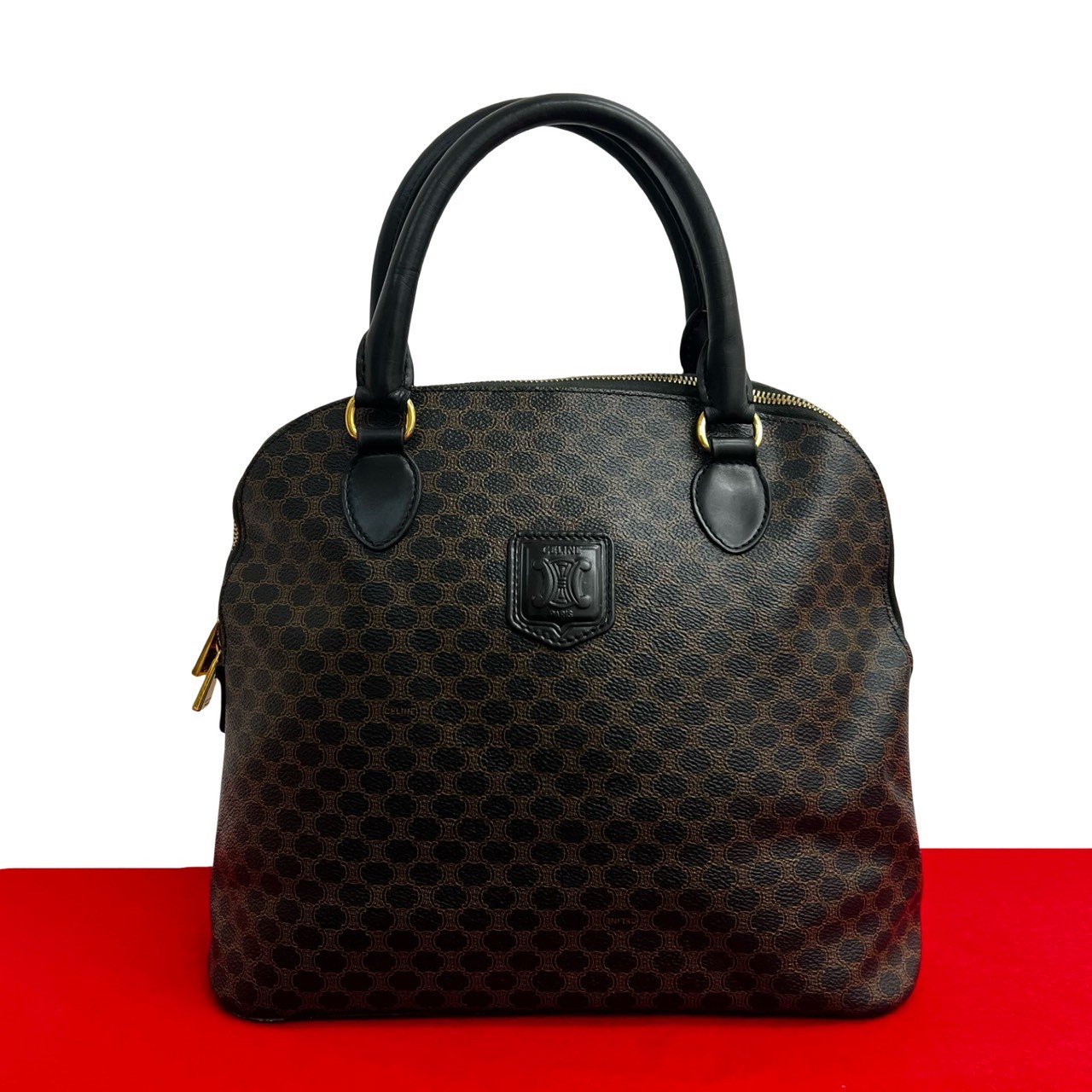【ポイント2倍】極 美品 希少品 CELINE セリーヌ ヴィンテージ マカダム ブラゾン ロゴ 柄 レザー 本革 ハンドバッグ トートバッグ ブラック 992-2【送料無料】【中古】|Trip Vintage