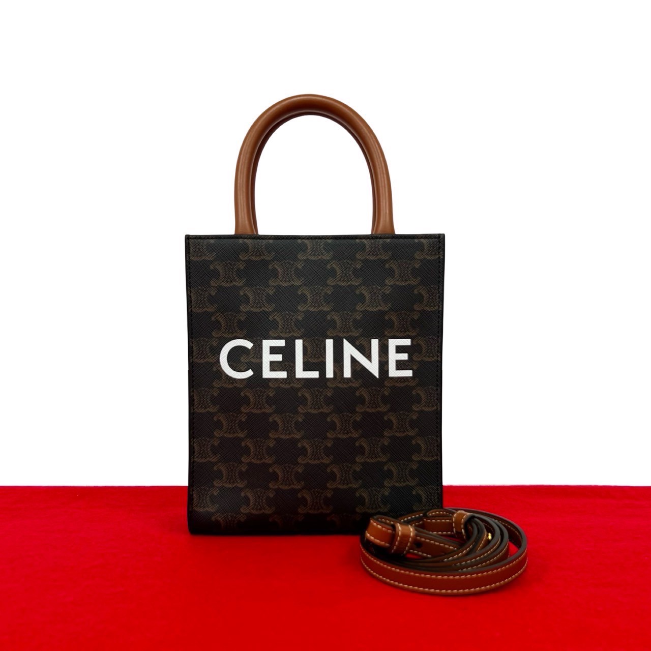 【尖んがり2倍】極 美品 CELINE セリーヌ バーティカル 河馬 なめし革 2way ハンドバック ミニ トートバッグ ショルダーバッグ 赤銅色 黒いこと  65082【貨物輸送無料】【中古】