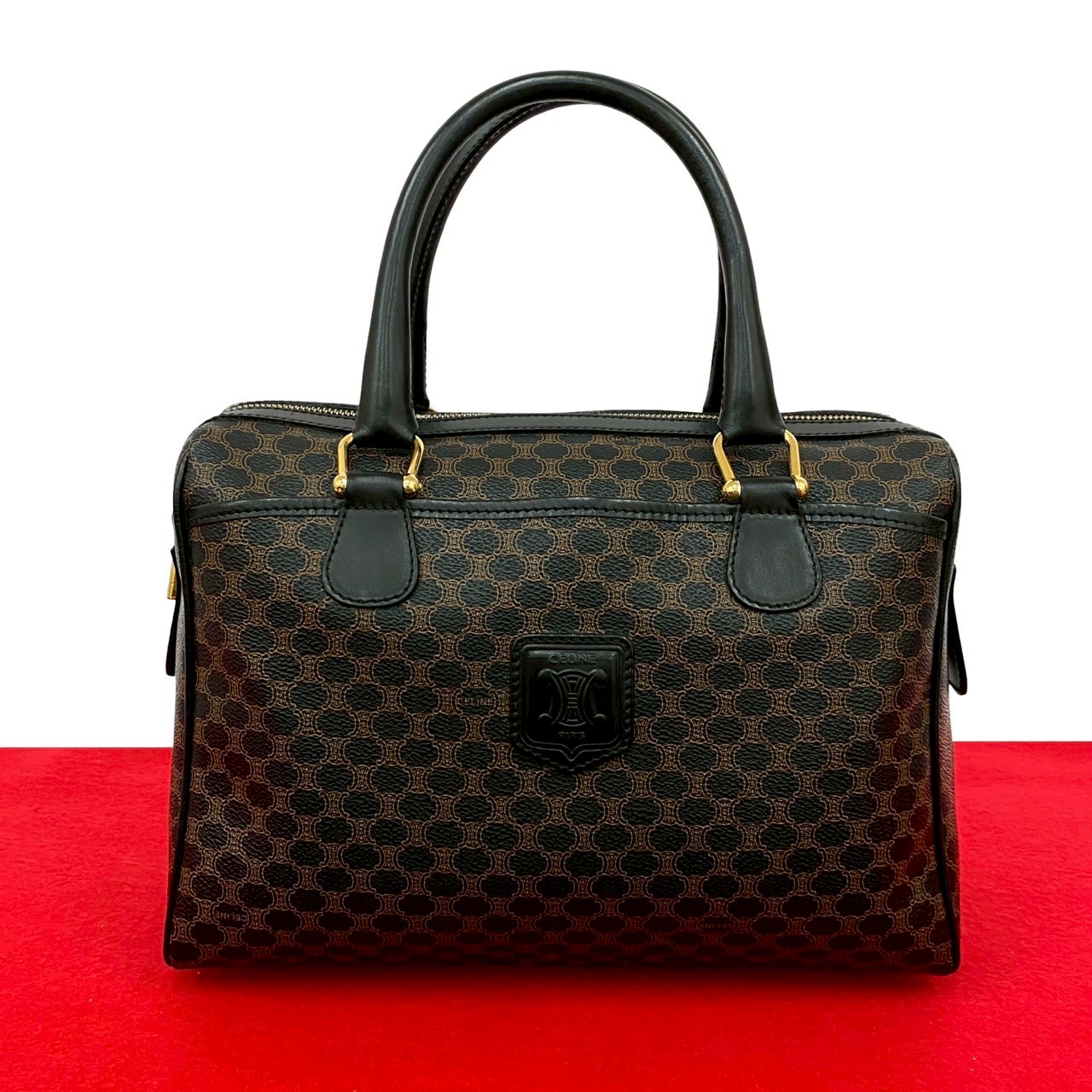 【ポイント2倍】極 美品 CELINE セリーヌ ヴィンテージ マカダム ブラゾン ロゴ 柄 レザー 本革 ハンドバッグ ミニ ボストンバッグ ブラック 16987【送料無料】【中古】