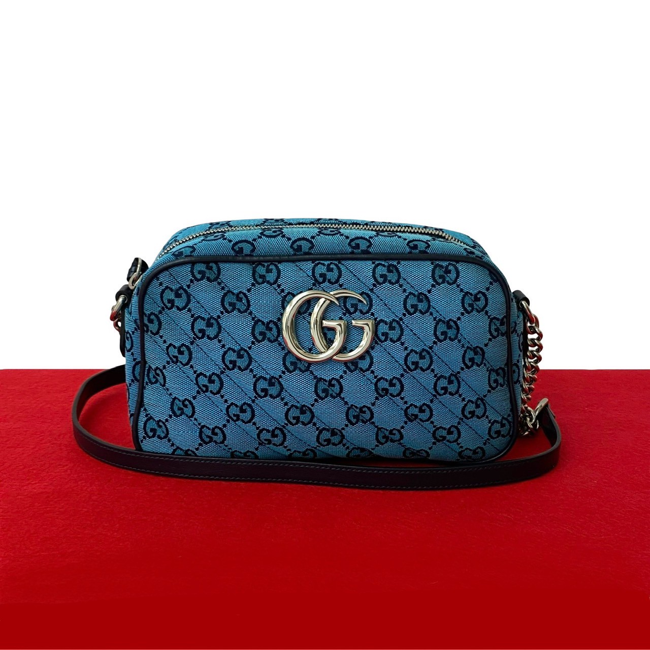 【ポイント2倍】極 美品 GUCCI グッチ GG マーモント キャンバス レザー 本革 チェーン ショルダーバッグ ポシェット サコッシュ ブルー ネイビー 84805【送料無料】【中古】