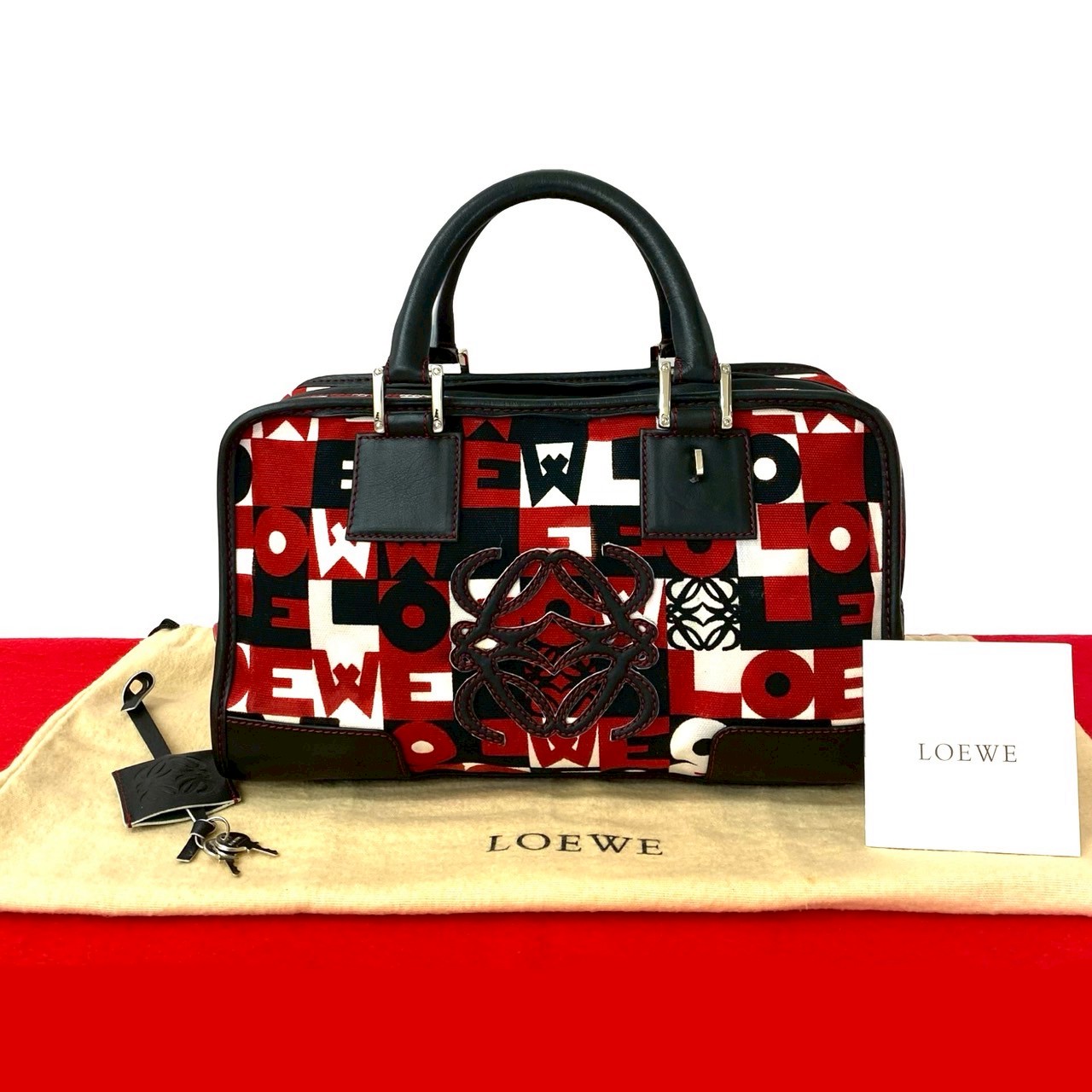 【ポイント2倍】極 美品 袋付 LOEWE ロエベ アマソナ 28 アナグラム ロゴ レザー 本革 キャンバス ハンドバッグ ボストンバッグ レッド ブラック 34112【送料無料】【中古】|Trip Vintage