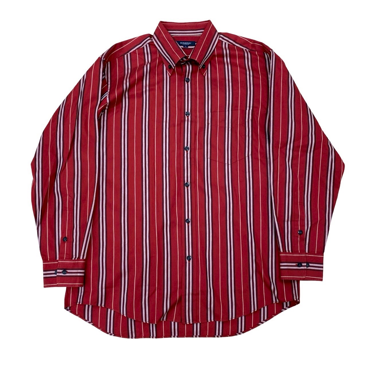 【ポイント2倍】極 美品 BURBERRY バーバリー ストライプ コットン 長袖 シャツ トップス Lサイズ メンズ レッド 22766【送料無料】【中古】