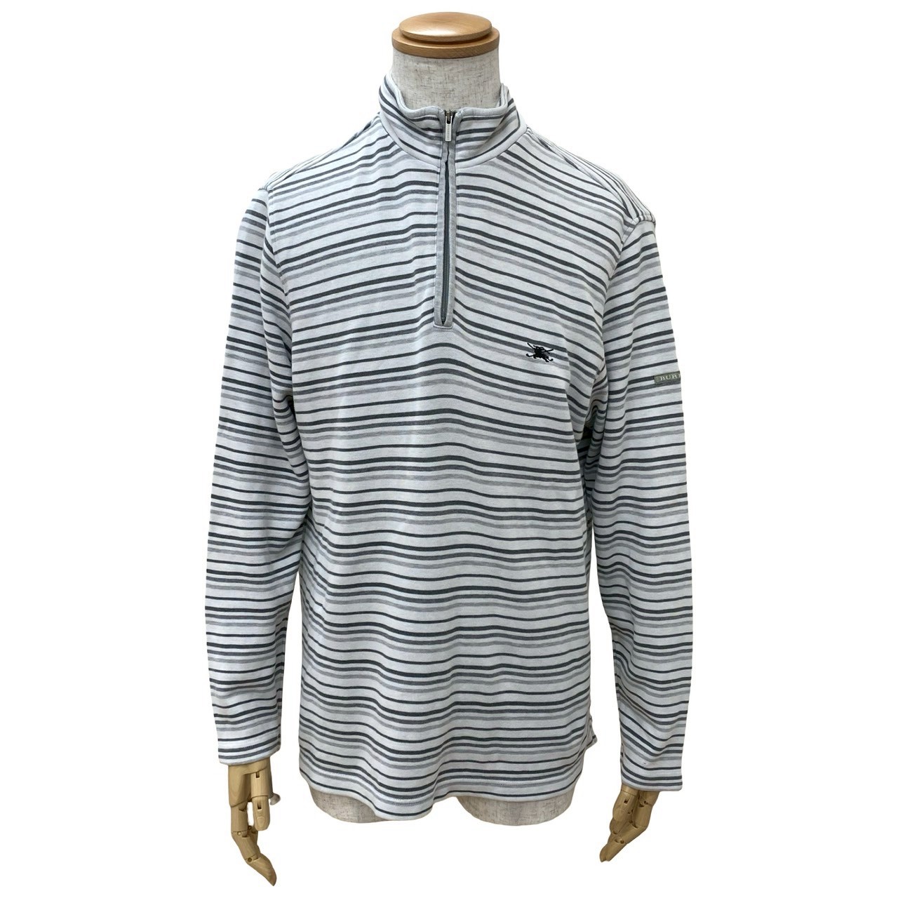 【ポイント2倍】極 美品 BURBERRY GOLF バーバリー ゴルフ シャドーホース ハーフジップ ボーダー コットン カットソー LL メンズ ホワイト グレー 135-2【送料無料】【中古】