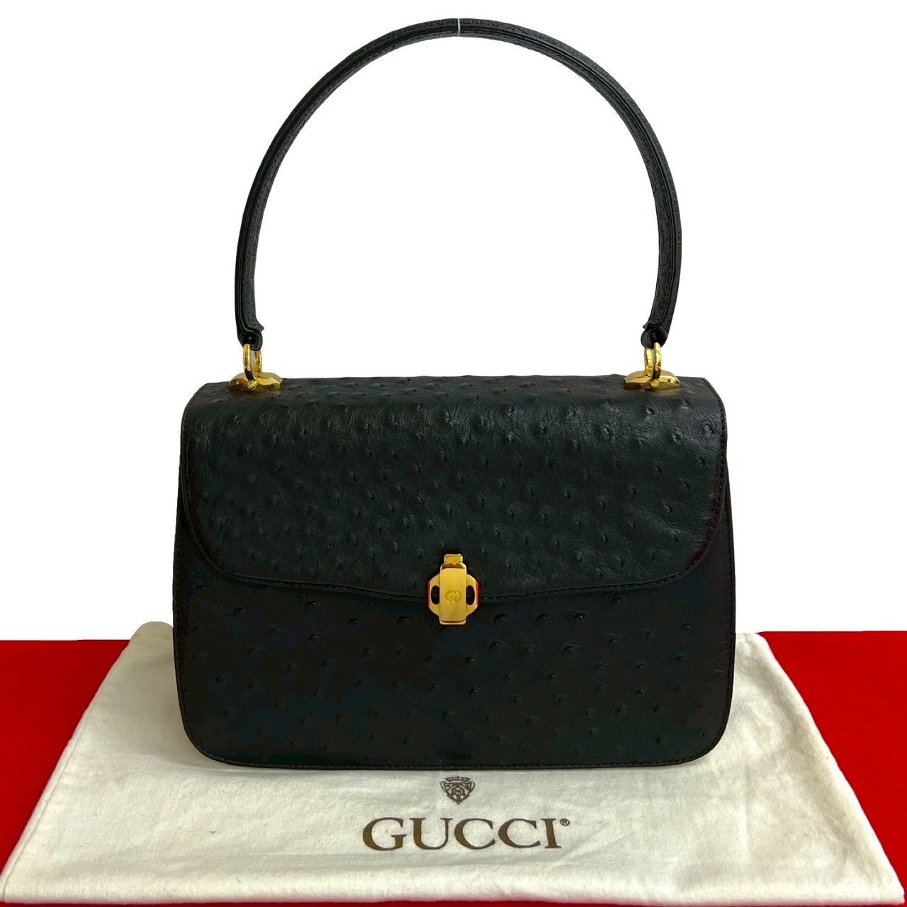 【ポイント2倍】極 美品 袋付き GUCCI グッチ オールドグッチ ヴィンテージ GG ロゴ 金具 オーストリッチ レザー 本革 ハンドバッグ ブラック 55668【送料無料】【中古】｜Trip Vintage