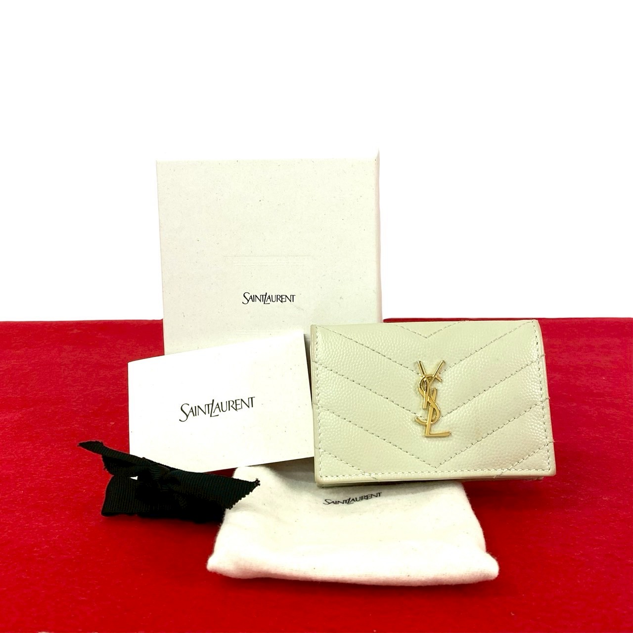 【ポイント2倍】極 美品 箱 袋付き SAINT LAURENT PARIS サンローランパリ YSL ロゴ 金具 レザー 本革 三つ折り財布 ミニ ウォレット アイボリー ss676【送料無料】【中古】