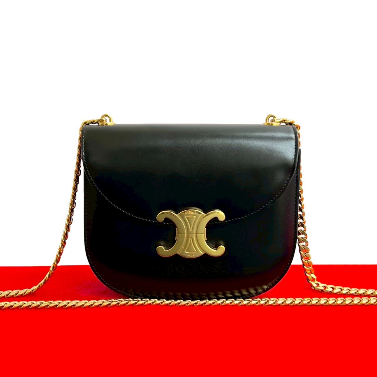 【ポイント2倍】極 美品 CELINE セリーヌ ティーン チェーン ブザス トリオンフ ロゴ カーフ レザー 本革 ショルダーバッグ ポシェット ブラック 30423【送料無料】【中古】
