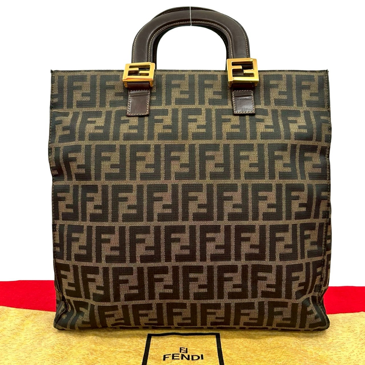 【ポイント2倍】極 美品 袋付 FENDI フェンディ ヴィンテージ ズッカ FF 柄 キャンバス レザー ハンドバッグ トートバッグ ブラウン カーキ ブラック 18803【送料無料】【中古】