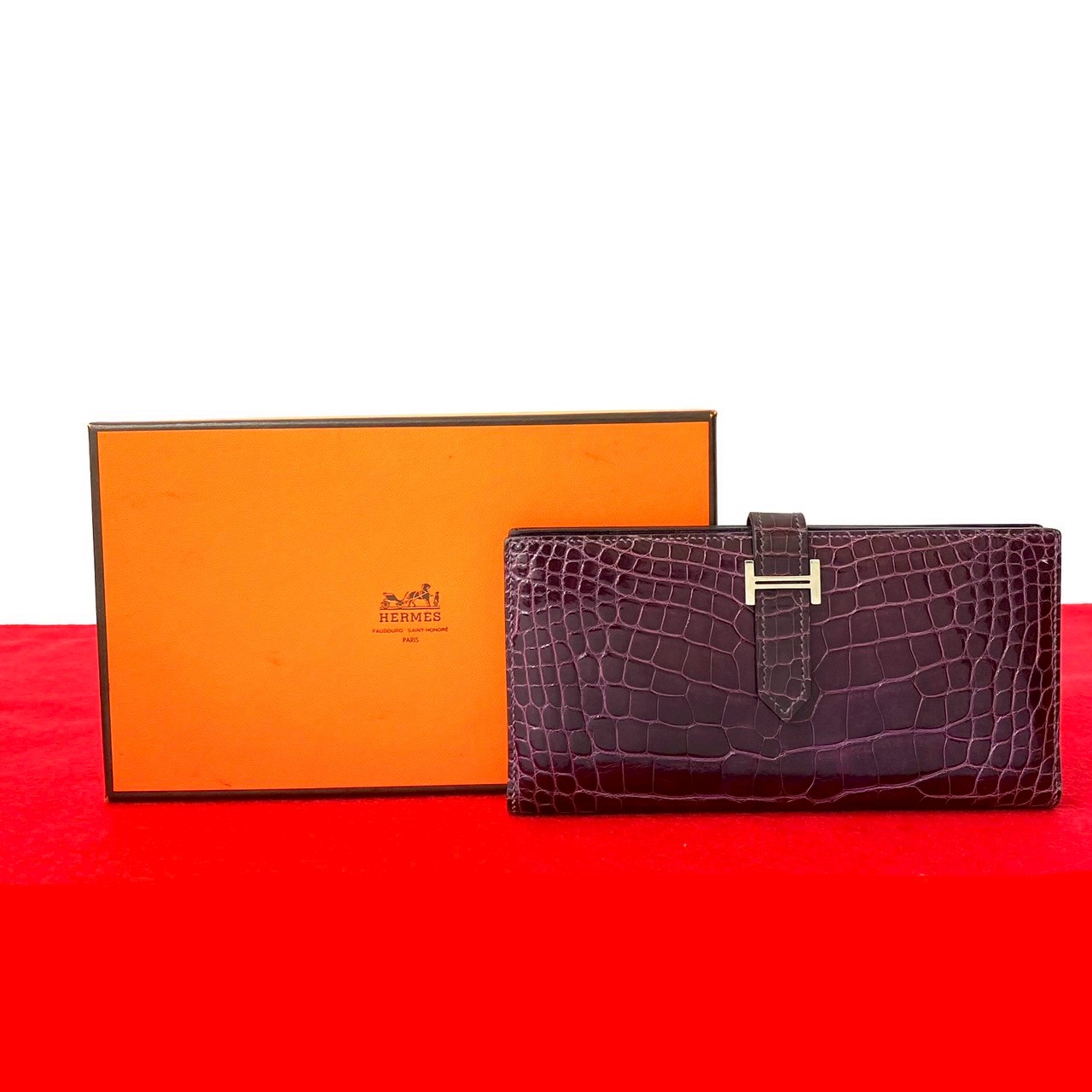 【ポイント2倍】極 美品 □R 刻印 HERMES エルメス ベアン スフレ アリゲーター クロコダイル レザー 本革 長財布 ウォレット 札入れ パープル 30343【送料無料】【中古】