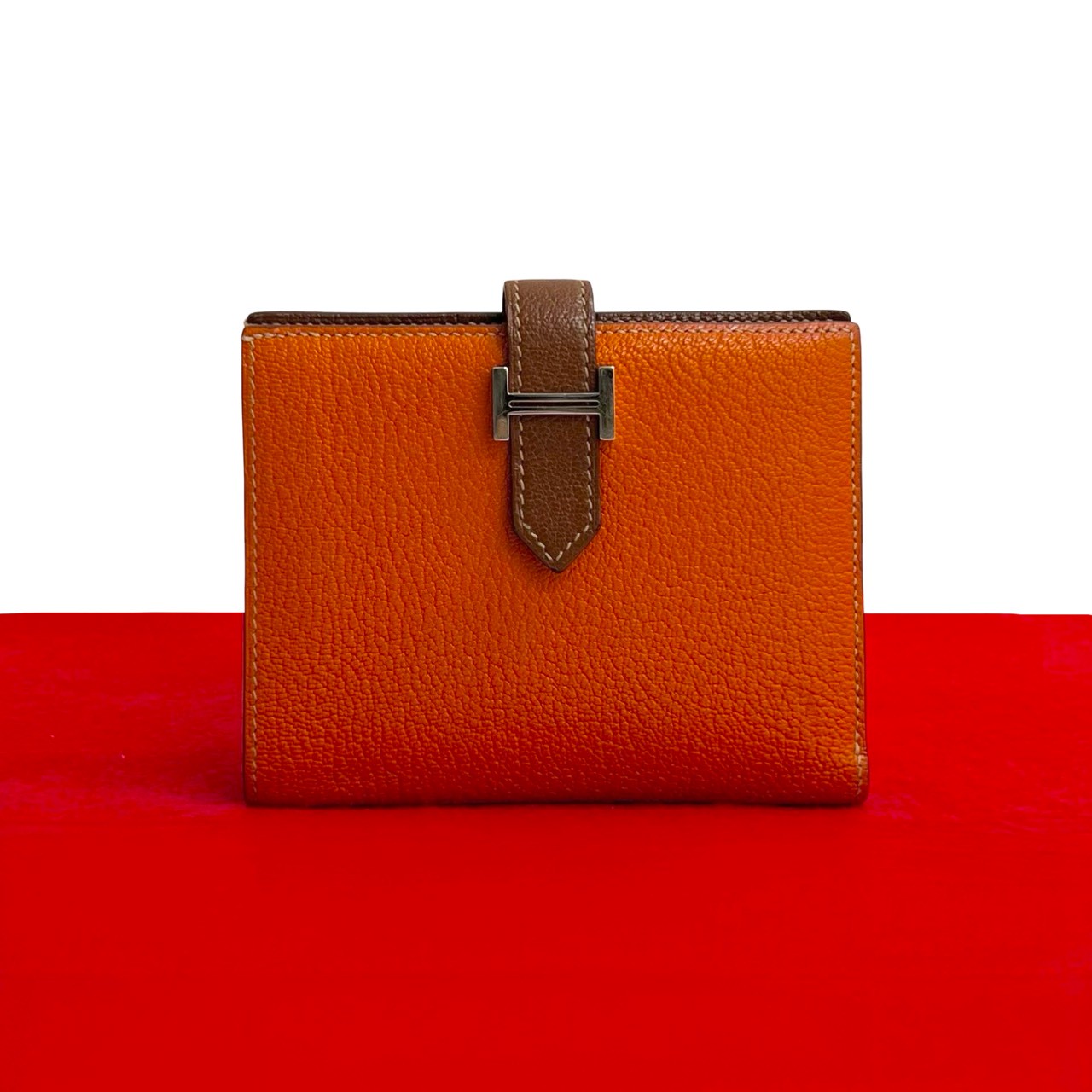 【ポイント2倍】極 美品 □O刻印 HERMES エルメス ベアン コンパクト シェブルミゾル レザー 本革 二つ折り財布 ミニ ウォレット オレンジ ブラウン 43254【送料無料】【中古】