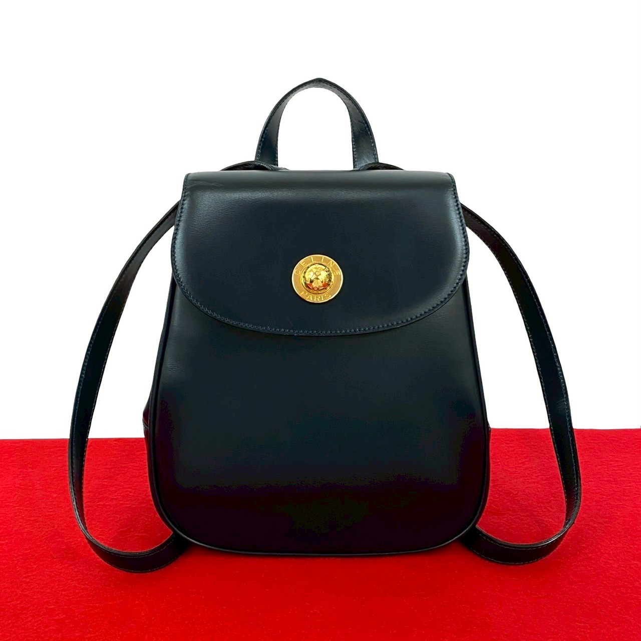 【尖んがり2倍】極 美品 CELINE セリーヌ ヴィンテージ ロゴタイプ はやりっ児どんぶり鉢 金具 子ウシ なめし革 本革 ミニ 背嚢 デイパック 米国海軍 31339【貨物輸送無料】【中古】