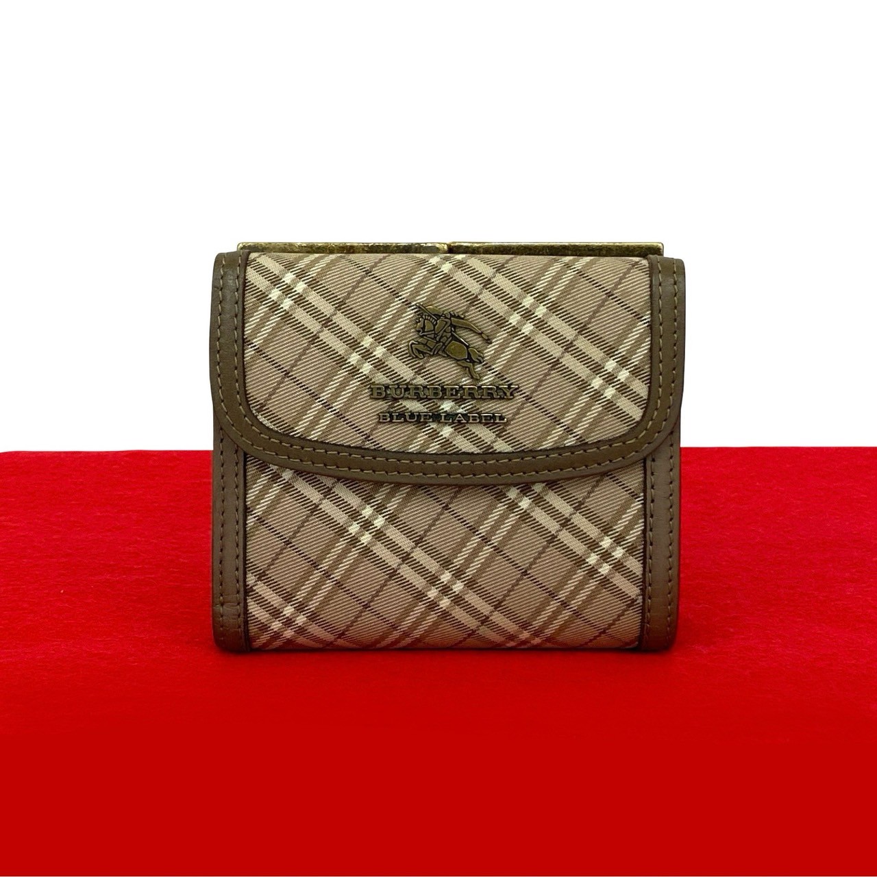 【ポイント2倍】極 美品 BURBERRY バーバリー ブルーレーベル ノバチェック シャドーホース ロゴ がま口 キャンバス レザー 三つ折り財布 グレージュ 39335【送料無料】【中古】