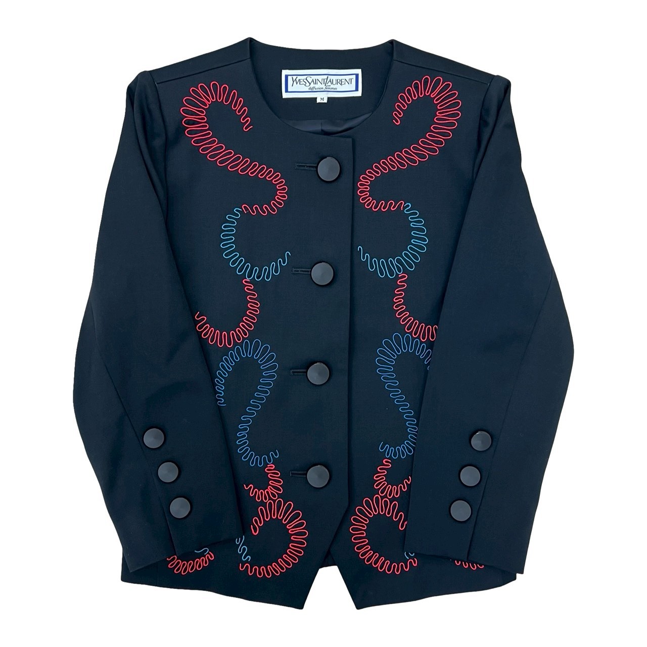 【ポイント2倍】極 美品 YVES SAINT LAURENT イヴサンローラン ヴィンテージ 刺繍 ウール ノーカラー ジャケット M 9号 レディース ブラック 72688【送料無料】【中古】
