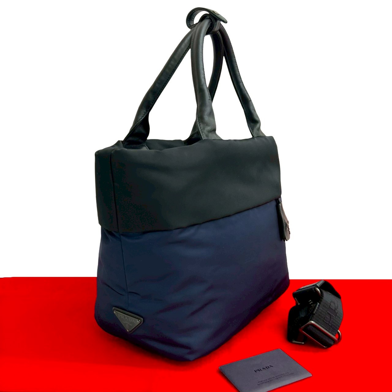 【尖んがり2倍】極 美品 PRADA プラダ ３角形ロゴタイプ 金具 ナイロン なめし革 2way ショルダーバッグ トートバッグ ハンドバック 黒いこと 米国海軍 24-10【貨物輸送無料】【中古】